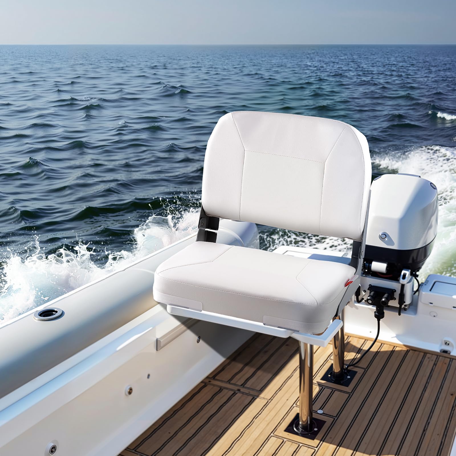 VEVOR Asiento de Barco con Respaldo Bajo Silla de Barco de Pesca Plegable con Cojín de Esponja Espesado y Cuero de PVC Impermeable Asiento de Bote Abatible para Barcos de Pesca, Yates, Blanco
