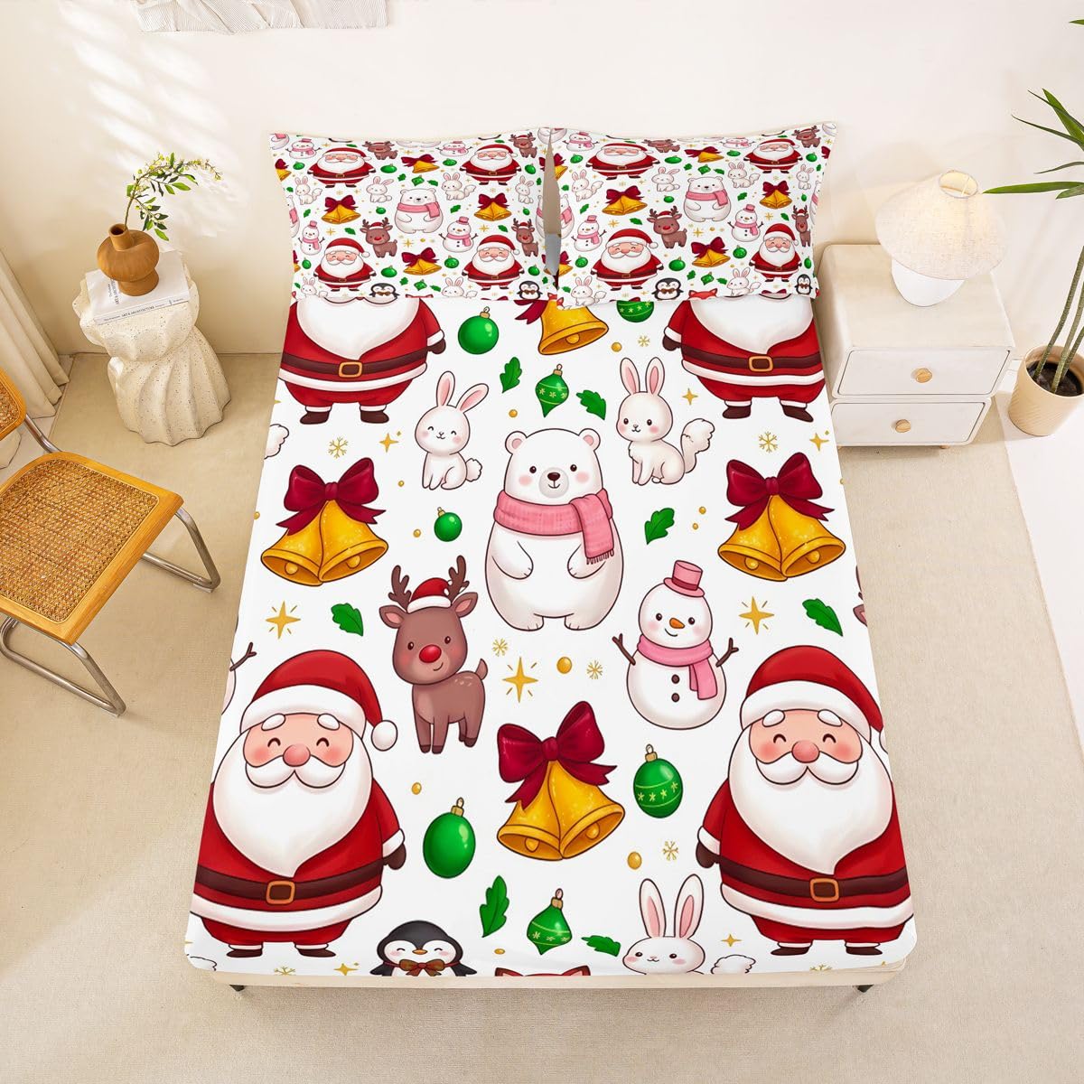Juego de sábanas navideñas con diseño de campanas navideñas con 2 fundas de almohada, 4 fundas de almohada, 4 piezas, cama completa