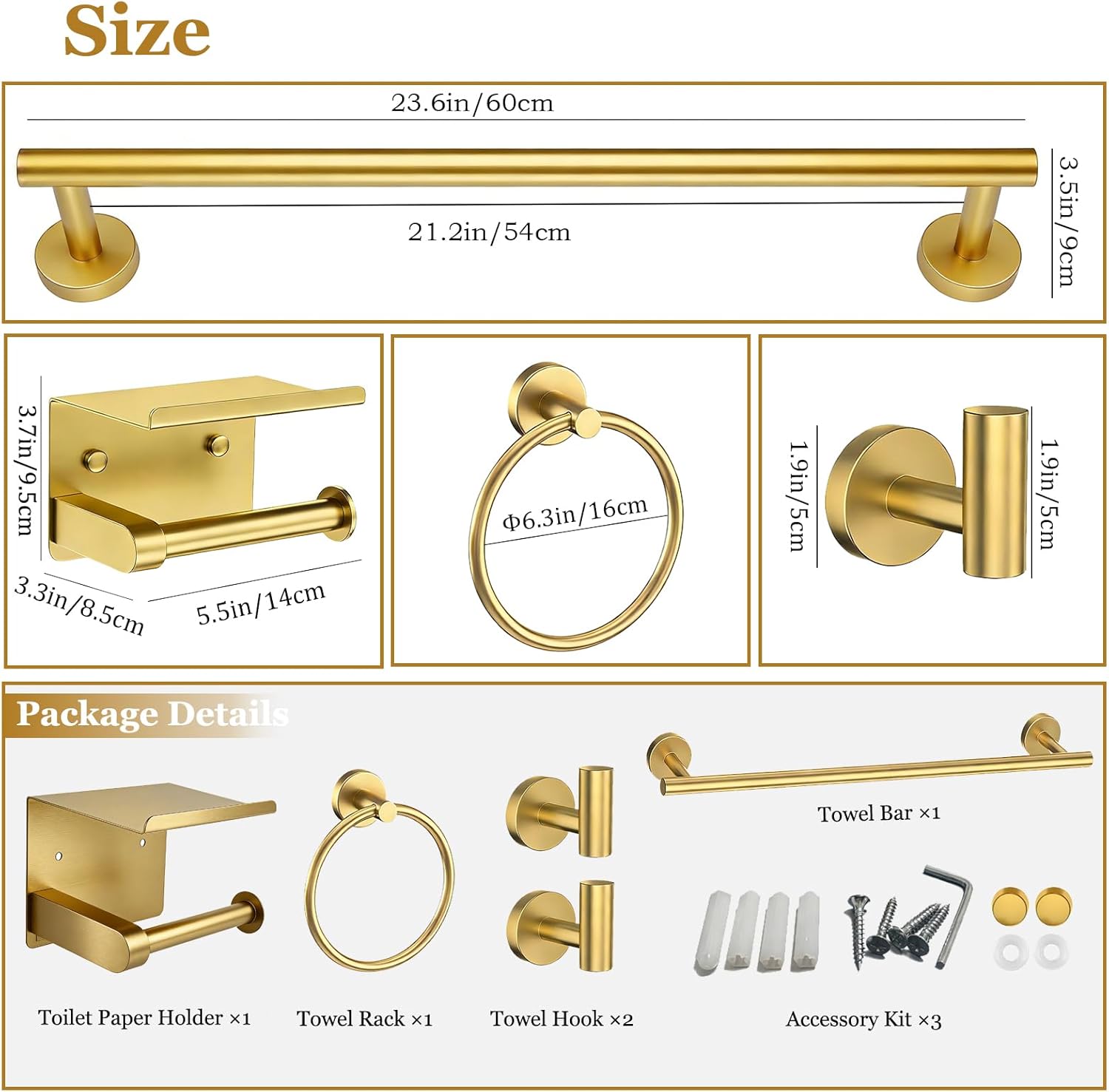 5-Pieces Wall Mount Bathroom Accessories Bathroom Hardware Set,22 Inch Stainless Steel Waterproof Towel Bars,Toilet Paper Holder with Shelf,Towel Ring,Coat Hook (Brushed Gold 5PC - Round)