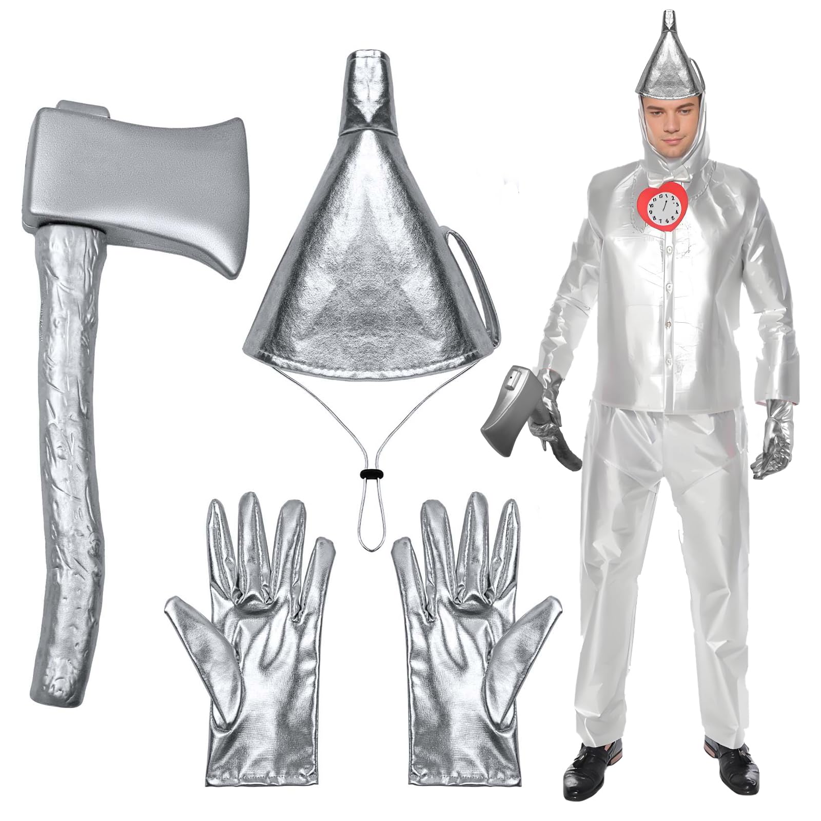 YuZhou 3 PCS Silver Axe Funnel Hat Set for Adults Including Silver Plastic Axe with Elastic Strap, Funnel Hat and Silvery Gloves Halloween Costume Accessories for Men and Women Cosplay Party