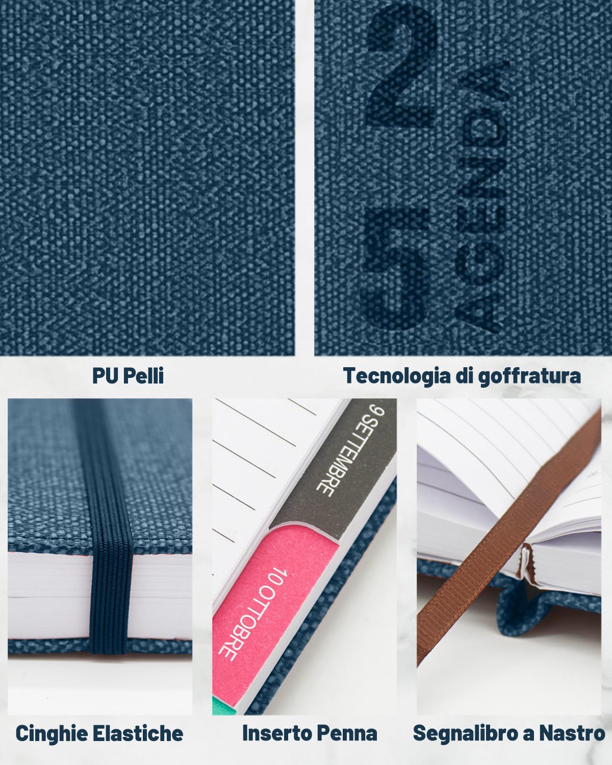 HW CASA Modello di Lino Agenda 2025 Giornaliera,Una Sola Pagina per Un Solo Giorno,Copertina Rigida in Pelle PU,Formato A5,200 Pagine,Etichette Mensili Colorate,Passante per Penna e Elastico (Blu)