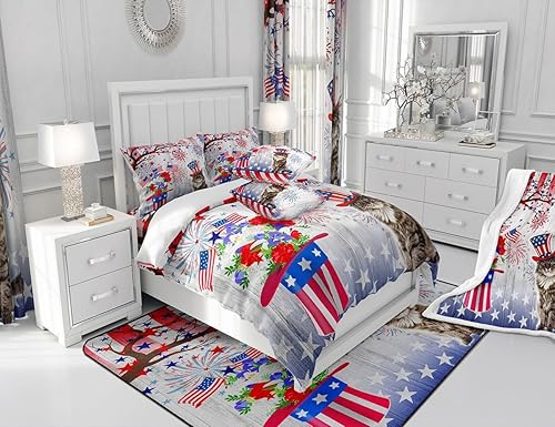 Miniatura 6 de Juego de funda de edredón con diseño de bandera estadounidense para niños, tamaño matrimonial, divertido juego de ropa de cama patriótica con gatos