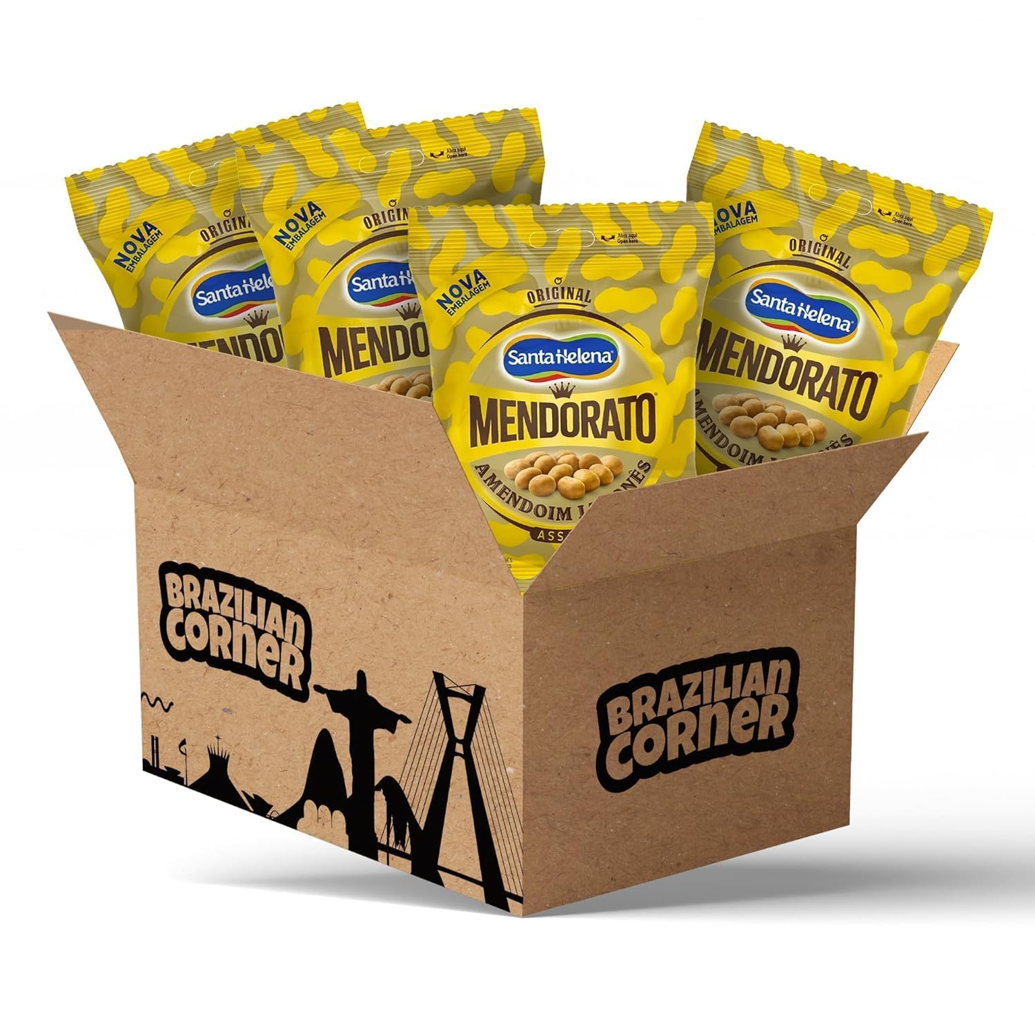 Santa Helena Mendorato Brazilian Corner [4 PACK] Bundle Golden Roasted Peanuts 7oz | Japanese Style Amendoim Japonês Assado Mendorato Santa Helena 200g | Gourmet Natural Extra Large Salted & Seasoned Peanuts