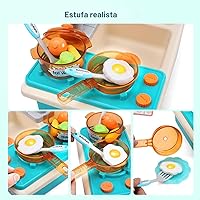 Vista 2 de CUTE STONE Juguetes para fregadero de cocina con grifo real mejorado, estufa de cocina, olla y sartén de utensilios de cocina, comida para jugar
