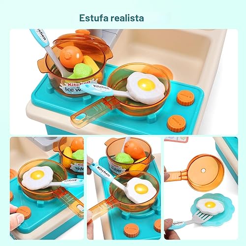 Miniatura 2 de CUTE STONE Juguetes para fregadero de cocina con grifo real mejorado, estufa de cocina, olla y sartén de utensilios de cocina, comida para jugar