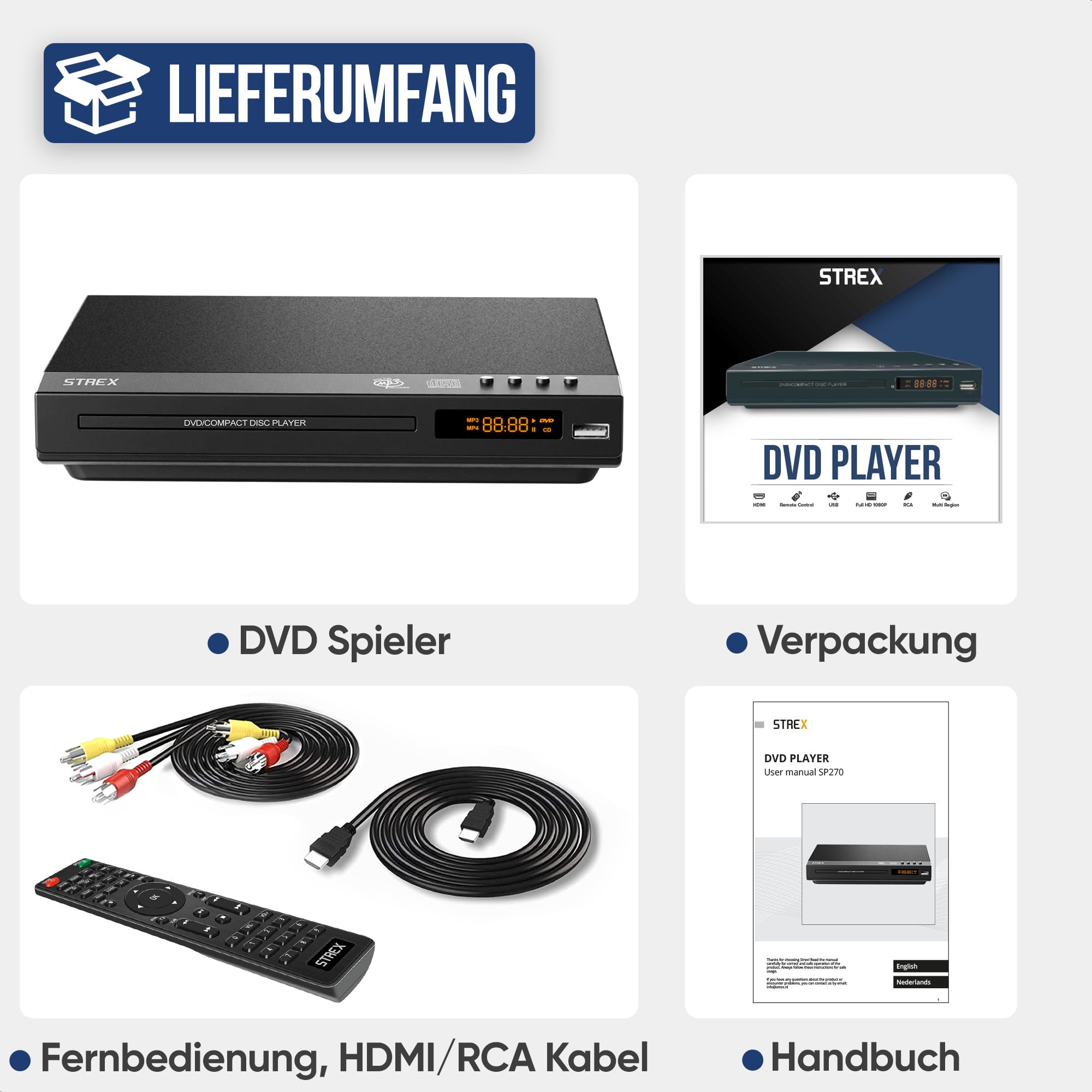 Strex DVD Player mit HDMI - Full HD 1080P - Region Free - Fernbedienung - USB - HDMI/RCA - Schwarz DVD-Player