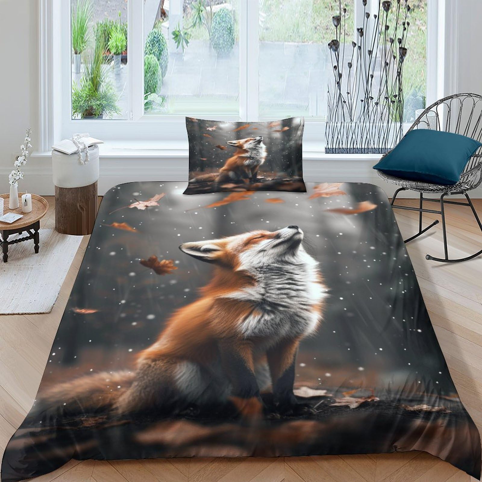 Housse de couette renard 3D 135x200cm en microfibre avec 2 taies d'oreiller