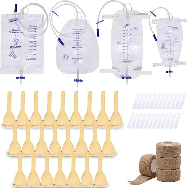 External Male catheters for Men, 24pcs Soft Latex Sets, 1 pcs 750 ml Leg Bag, 1 pcs1000 ml Leg Bag, 1 pcs 1500 ml Urine Bag, 1 pcs 2000 ml Urine Bag with 4 Rolls of Tape - Urine Collection (30mm)