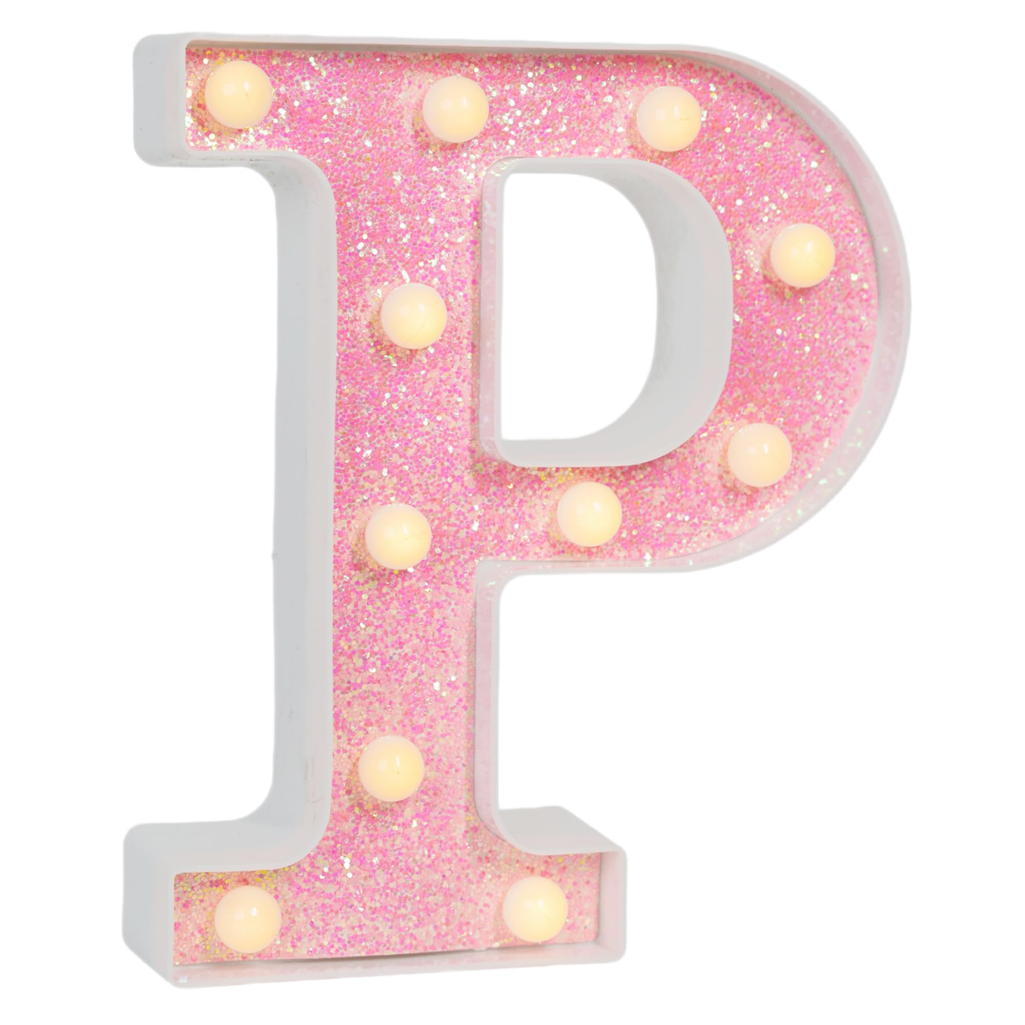 EUFONY Pink Glitter Marquee Light Up Letters, Battery Operated LED Letter Lights Signs for Pink Birthday Party Table Decorations, Wall Decor for Girls Bedroom, Initial Letter P with Warm White Lights
