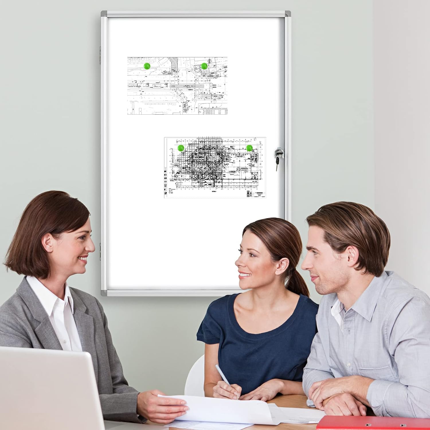 Lockable Magnetic Enclosed 36 × 24 Inches Dry-Erase whiteboard, Tamper-Resistant wall-Mounted Display White Board, Aluminum-Framed Window (White)