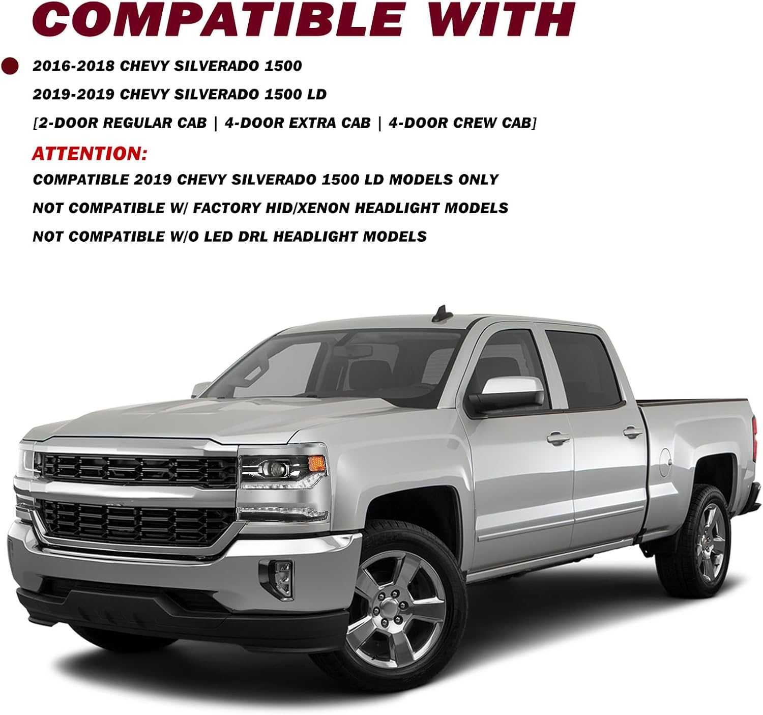 JSBOYAT FULL LED Headlight Assembly for 2016-2018 Chevy Silverado 1500 2019 LD Replacement Projector Headlamp Pair Set Chrome Housing with LED Bulbs