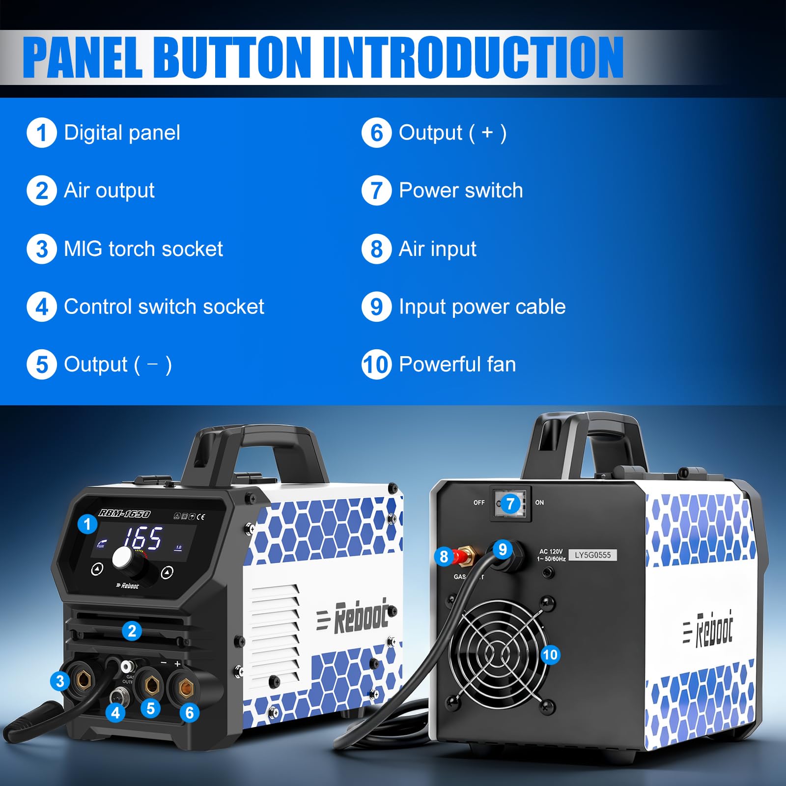 Reboot Schweißgerät 4 in 1 Gas/Gaslos – MIG/MAG/MMA/Lift-TIG Inverter IGBT, 165A Fülldraht Schweißgerät mit 1-Knopf-Synergie & Anti-Stick, LED-Display, ideal für Heimwerker & Kfz-Reparatur