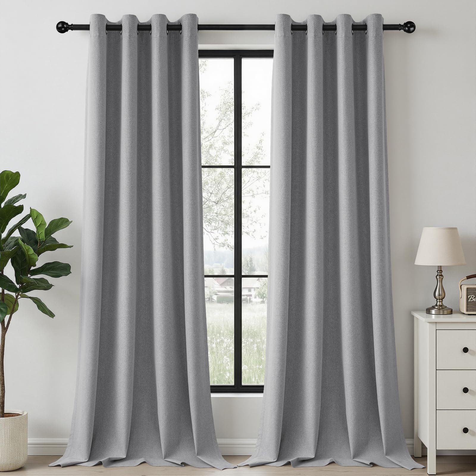 Lot de 2 rideaux occultants, 100 % occultants, aspect lin, 260 x 140 cm, gris clair, thermiques, avec œillets, pour chambre à coucher, salon, chambre d'enfant