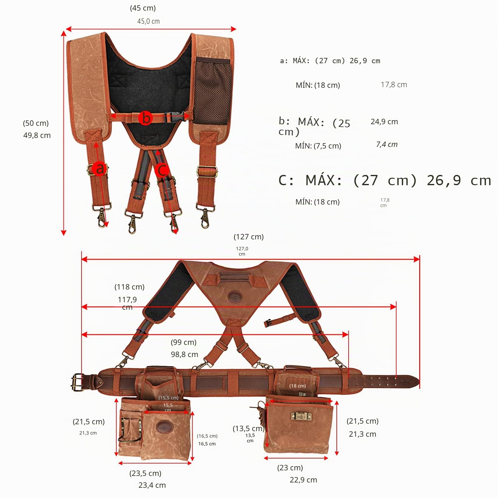 TOURBON - Cinturón de herramientas de lona encerada con tirantes, bolsas desmontables para herramientas de electricista, lazo para martillo