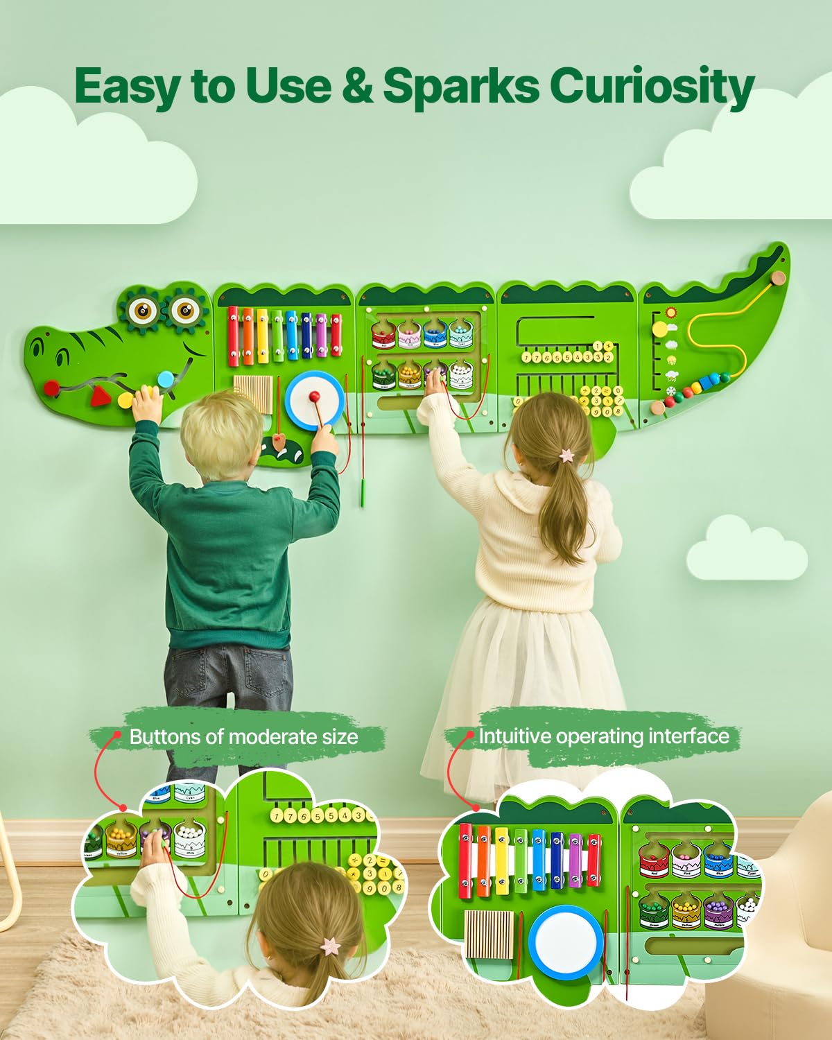 VEVOR 9-in-1 Montessori Busy Board, Montessori Motorikbrett für Bildung Frühe Entwicklung, Sensorisches Wandpaneel aus Holz für Kinder von 3-12 Jahren, Krokodil-Wandspiel für Kindergarten Spielzimmer