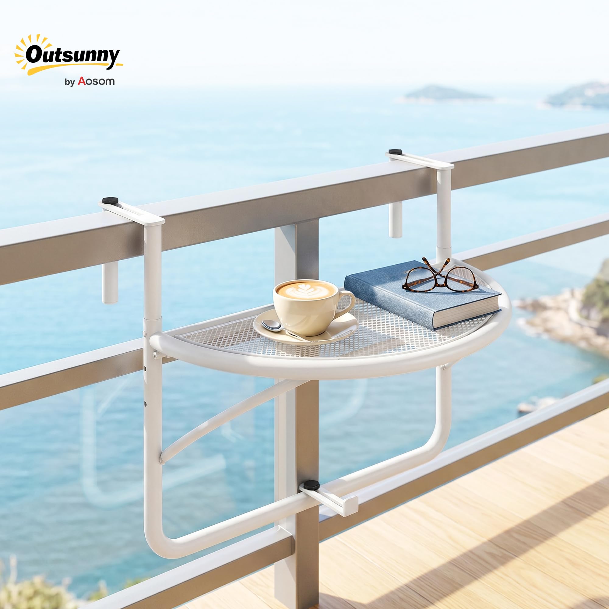Outsunny Table Suspendue pour Balcon - Table de Jardin - Hauteur réglable - Semi-Ronde - Diamètre : 30 cm - Métal - Blanc - L 60 x l 45 x H 50 cm