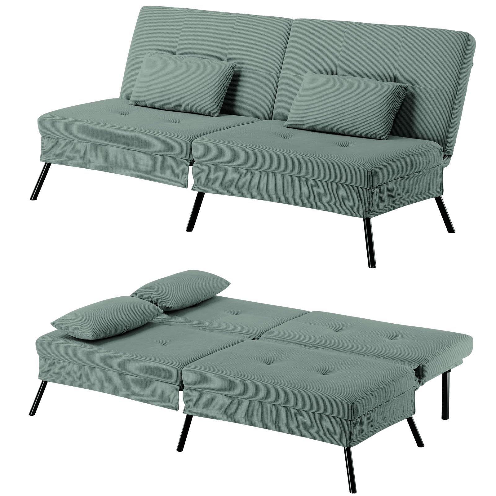 LUCKRACER Sofa Bed Fabric 2 Seater Click Clack Sofa Bed 5-Gear Back Angle Adjustable Futon Sofa Recliner Lounge for Living Room Bedroom (Olive Green-Corduroy)