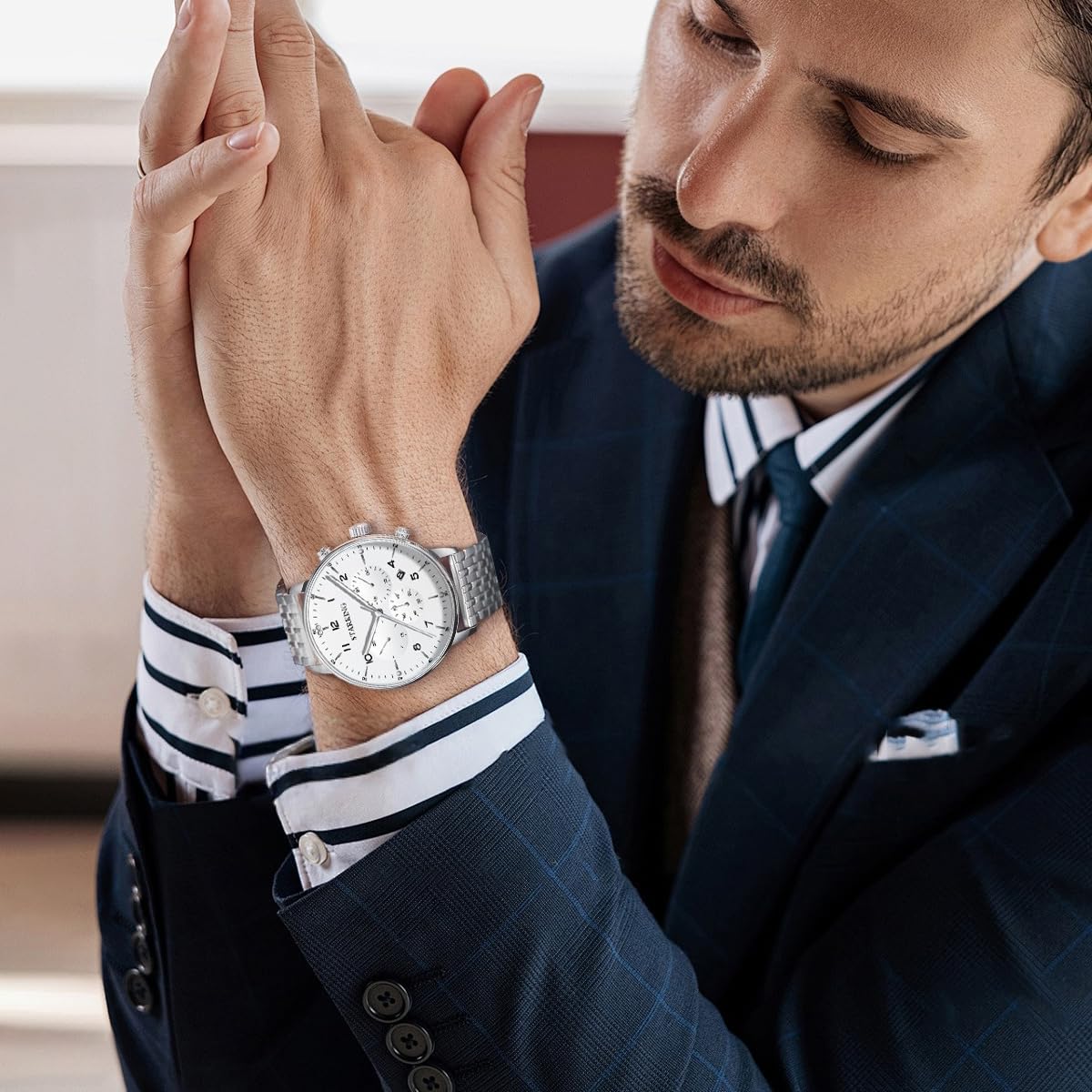 STARKING Modische Business-Herrenuhr, Quarz-Armbanduhren von Luxus-Uhren, 3 ATM wasserdicht, Edelstahl, automatisches Datum
