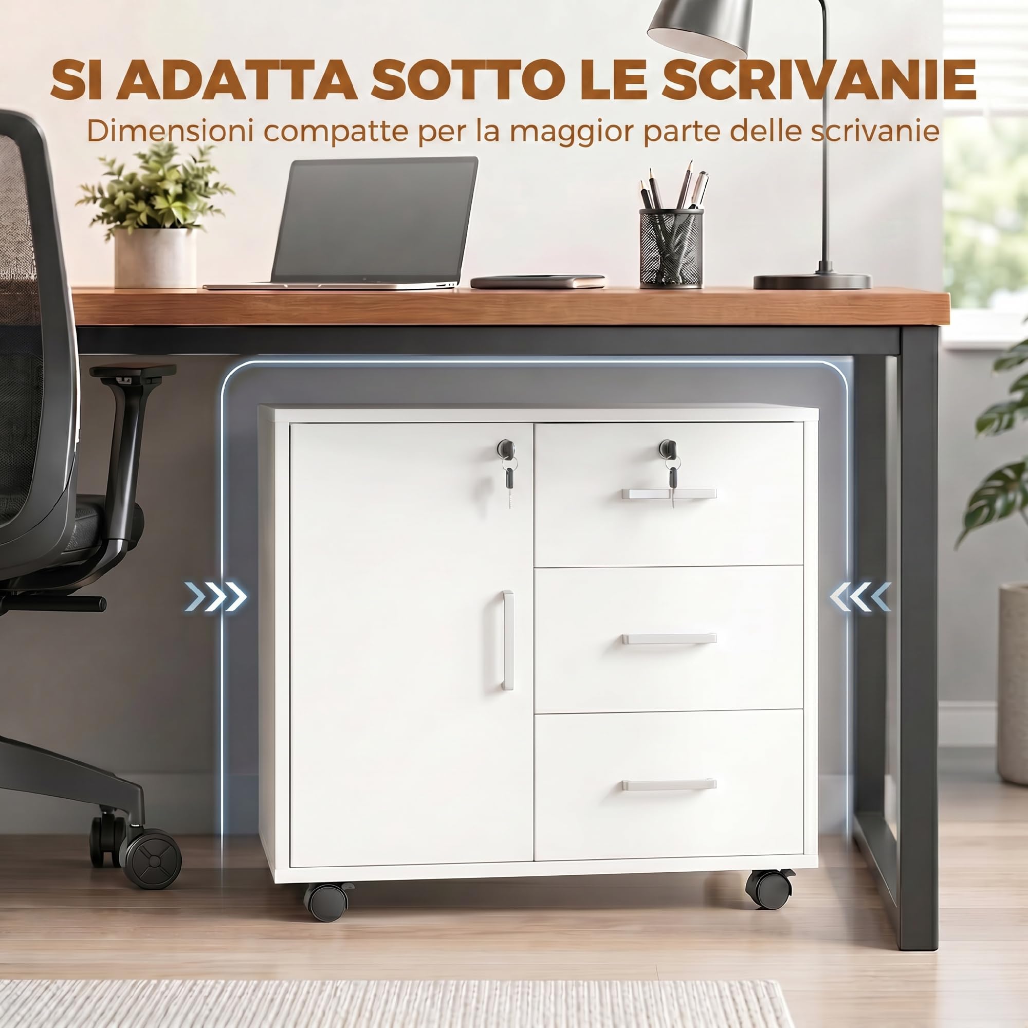 HOMCOM Archivador de oficina con 3 cajones y armario con 3 estantes ajustables, archivador de aglomerado, 60x40x56 cm, blanco