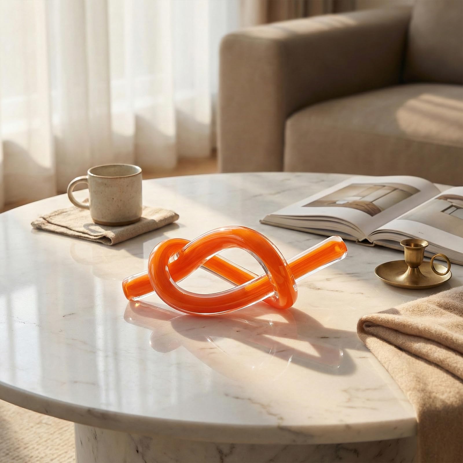 LCCCK Scultura astratta arancione con nodo in vetro soffiato a mano, decorazione per tavolino da caffè, mobile TV, mensola o accento del caminetto, arte moderna con nodo per soggiorno costiero da