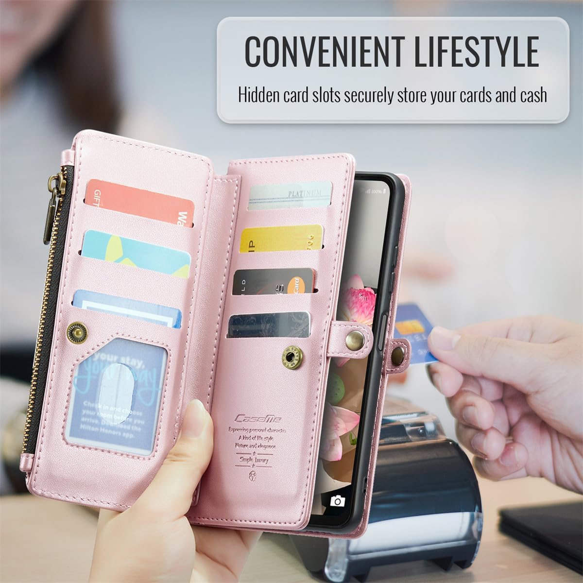 Wallet Case Compatible with Samsung Galaxy A16 5G 6.7" RFID Blocking 10-Card Holder PU Leather Magnetic Snap Shoulder Strap Zipper Pocket Phone Case Fit for Samsung Galaxy A16 5G (Rose Gold)