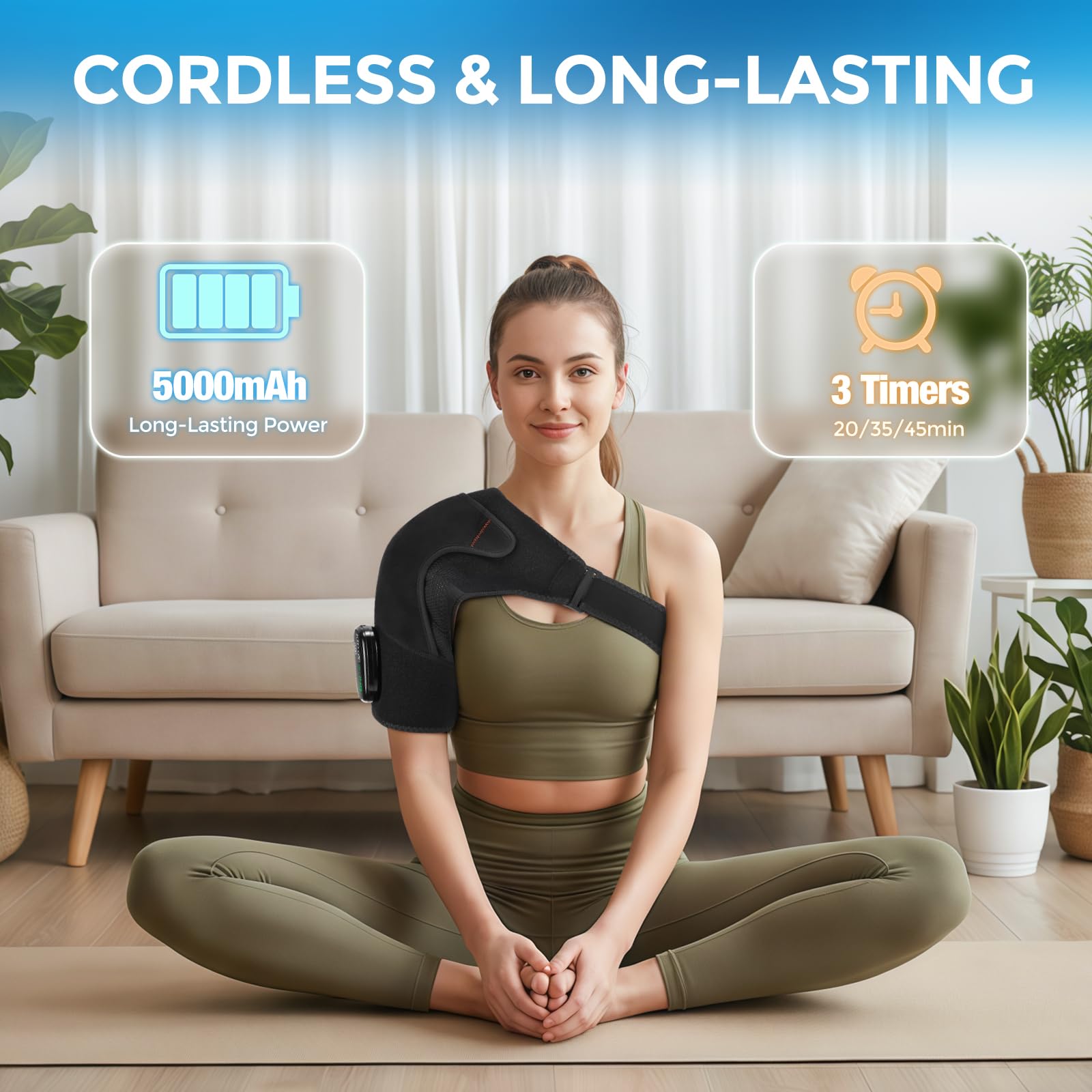 Schulter Massagegerät Kabellos Beheizte Schulterbandage mit 5000mAh | Schulterwärmer mit 5 Heizstufen 3 Vibration 3 Timer, Schultermassage Gerät mit Wärme, Geschenk für Vater Mutter - Schwarz