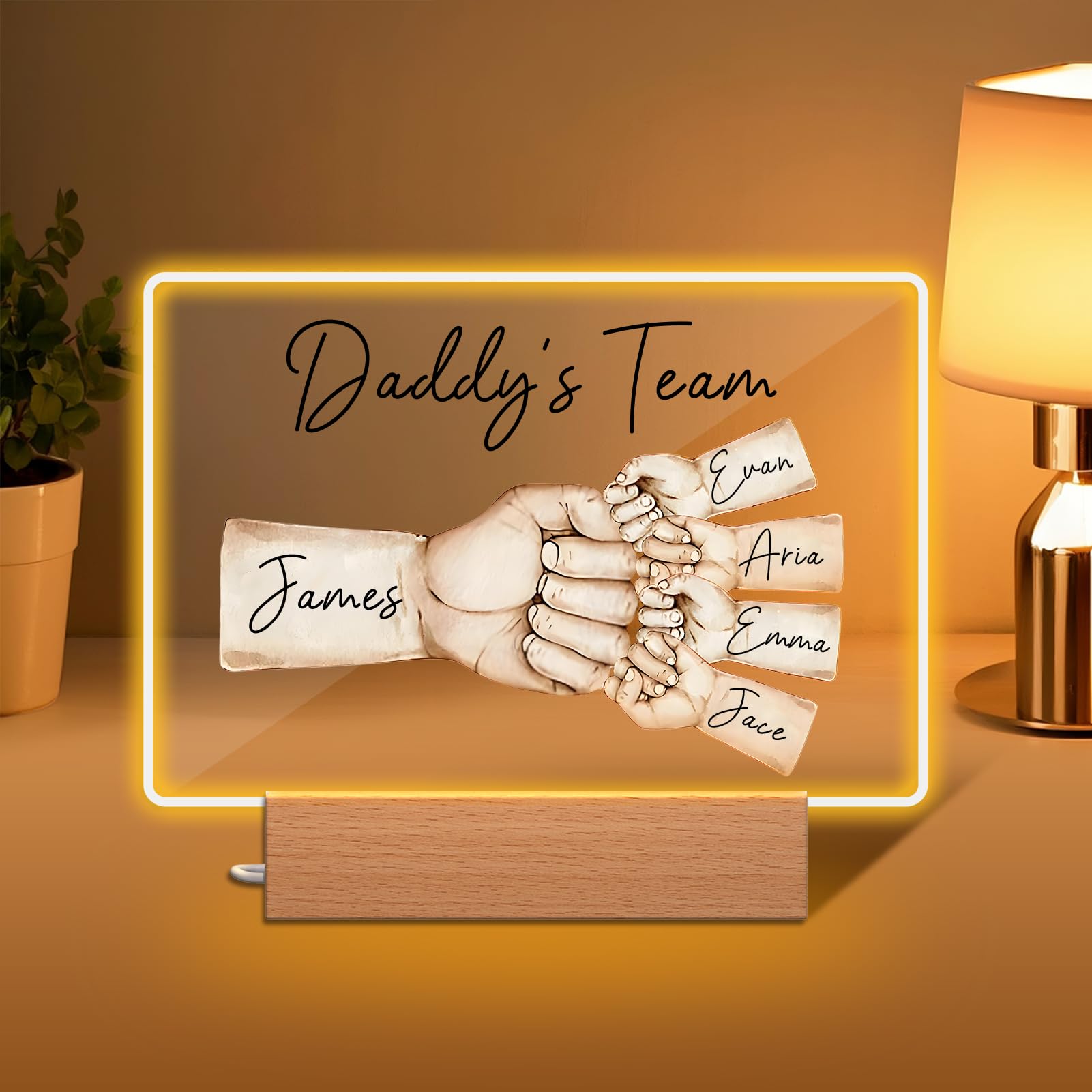 Personalised Fathers Day Gift, Custom Daddy's Team Fist Bump LED Night Light with 1-5 Kids' Names, Unique Presents for Dad, Grandpa, Husband | Daddy Gifts for Birthday, First Time Dad, Home Decor