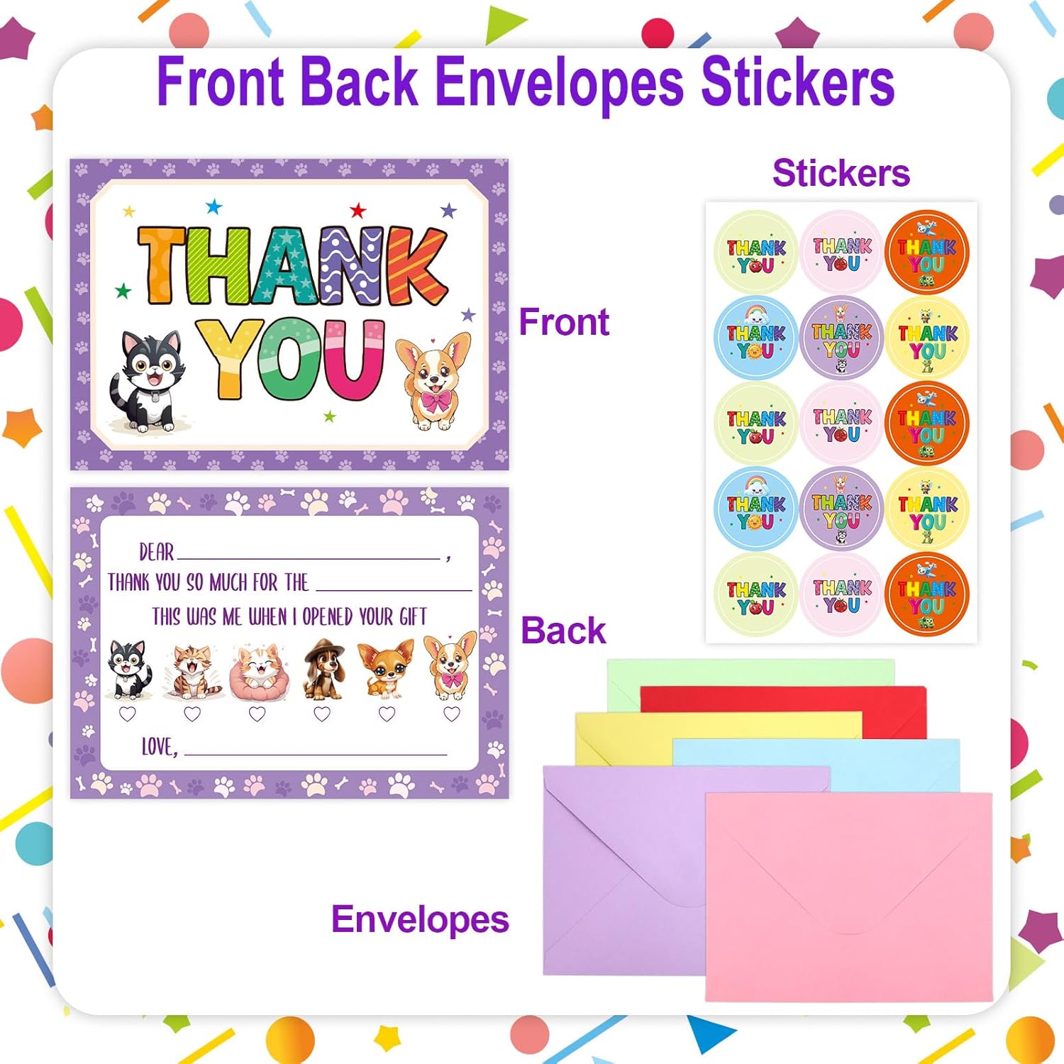 Treasure Cove Kids Fill in the Blank Thank You Cards Thank You Notes with Envelopes Colorful Double-Sided Greeting Cards for Teacher Boys Girls Birthday Party Decorations Favors 24 Pcs - Image 4