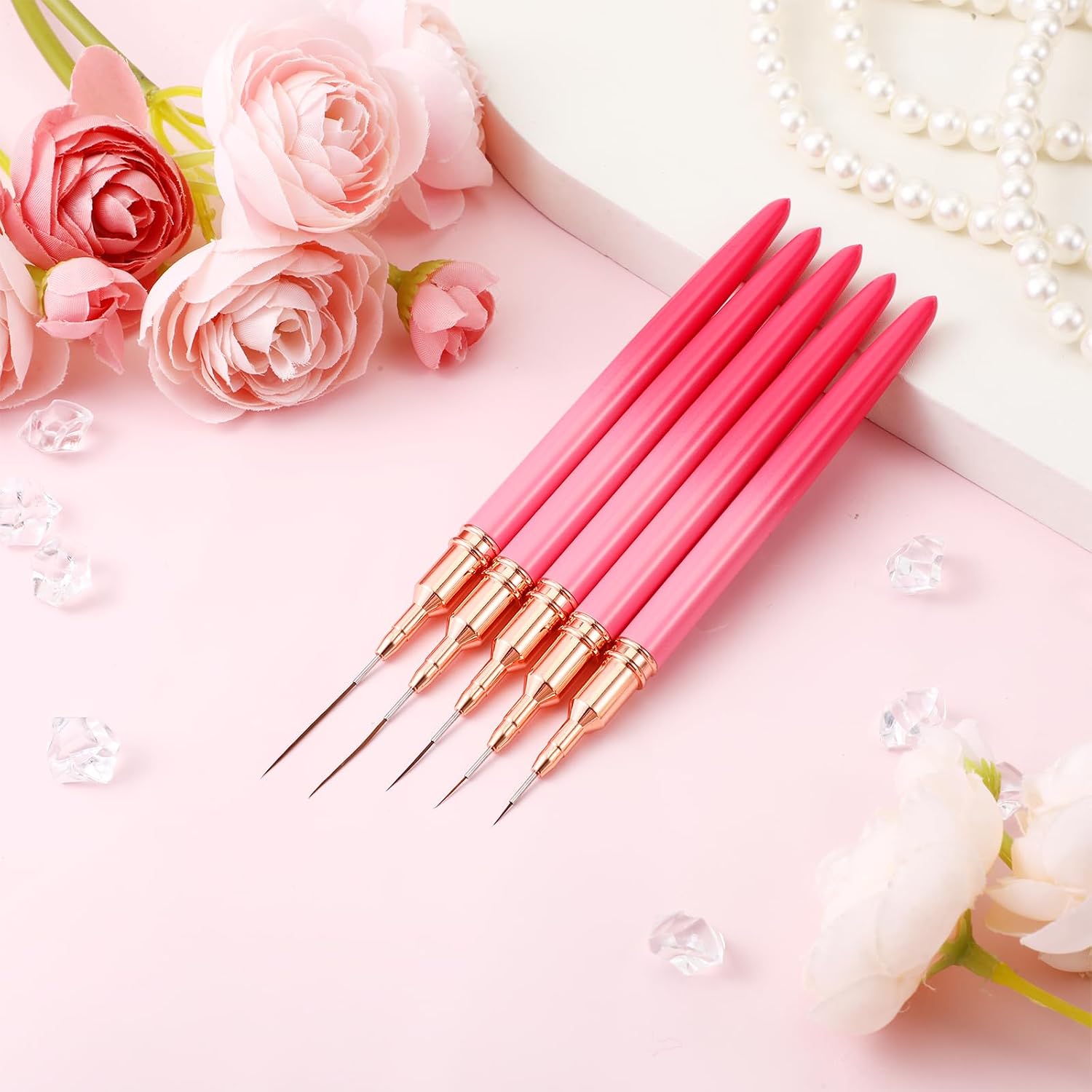 5 Pcs Metallic Nail Art Brushes Set, Nail Liner Brushes Painting Art Design Nails Arts Brush for Gel Polish for Long Lines, Thin Details, Fine Drawing Sizes 5 8 13 20 25 mm