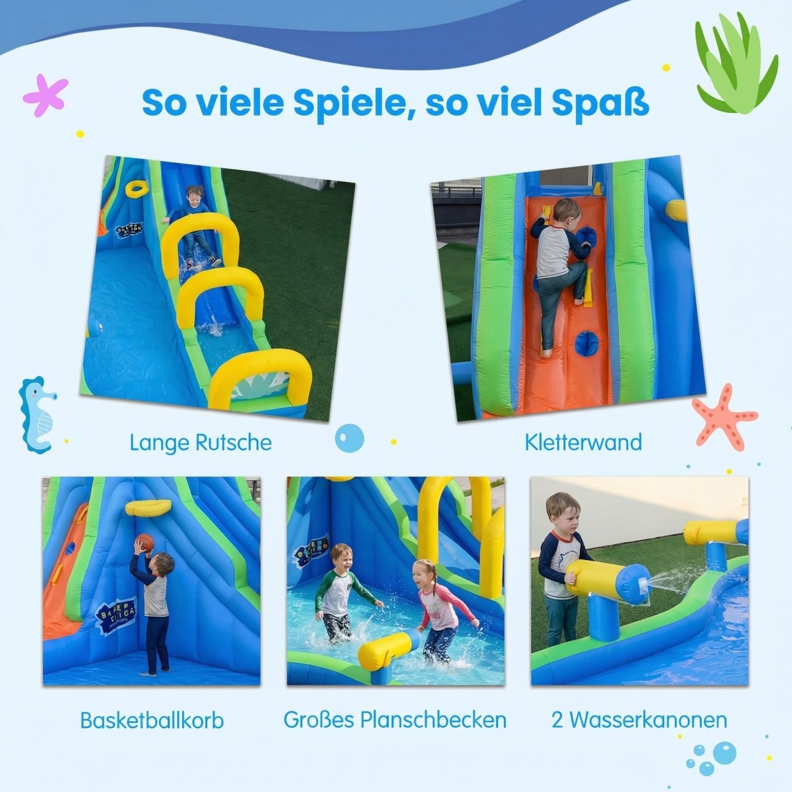 COSTWAY Hüpfburg mit Rutsche, Planschbecken, Kletterwand, Basketballkorb & 2 Wasserkanonen, Wasserhüpfburg für Kinder, Wasserpark für Außenbereich, 465 x 345 x 242 cm