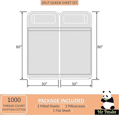 Miniatura 4 de Mr Pandaa Juego de sábanas divididas tamaño Queen para cama ajustable, 1000 hilos, 100% algodón egipcio de 18 pulgadas de profundidad, 1000 hilos, 5
