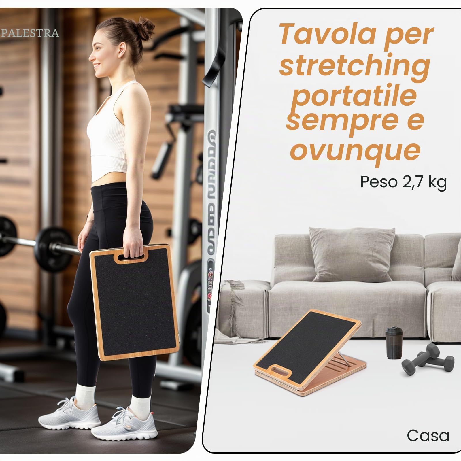 StrongTek Tavola inclinata portatile in legno, larga 33 cm, inclinabile a 5 livelli (15°-35°), impugnatura inferiore, adatta per principianti e riabilitazione, superficie antiscivolo per stretching