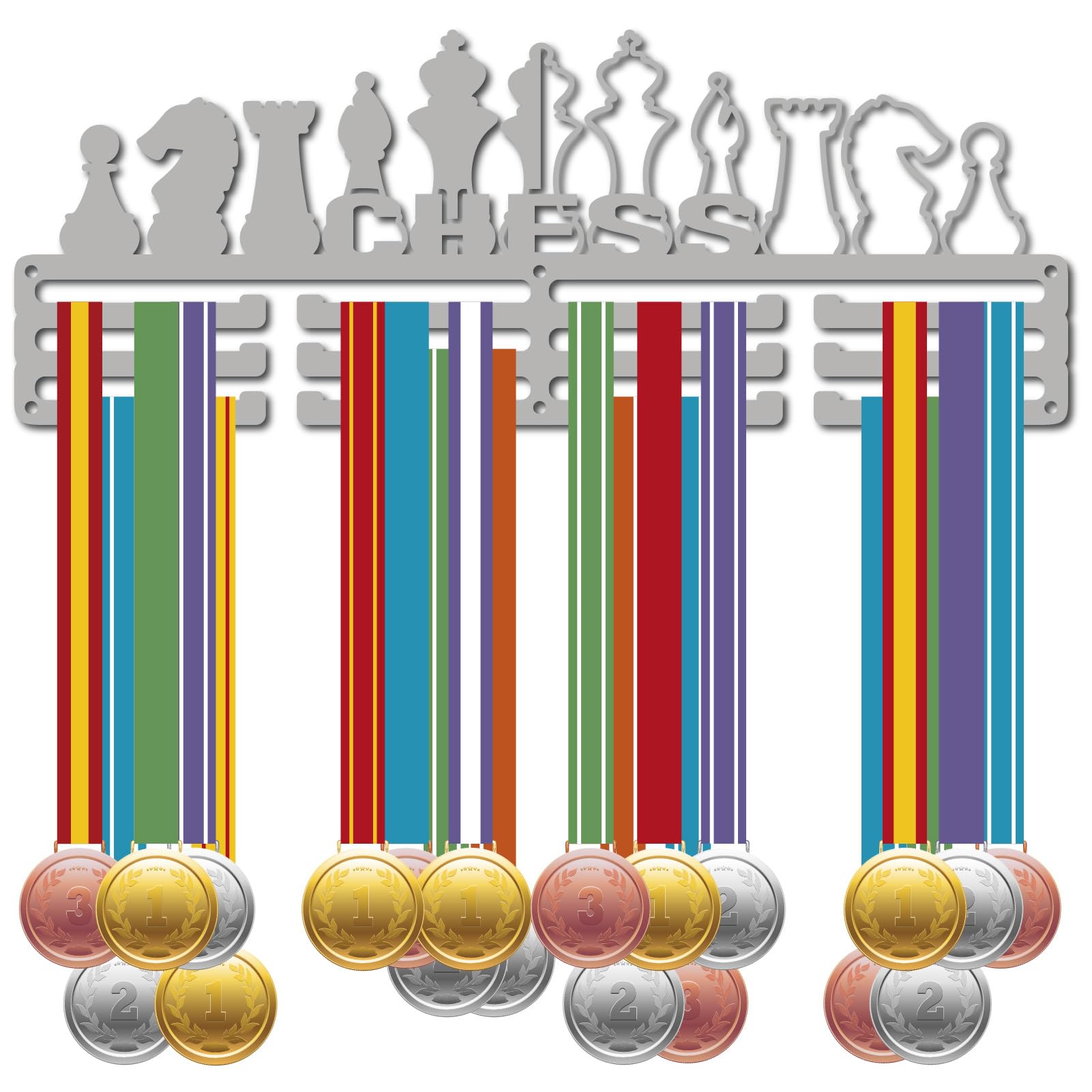 CREATCABIN Perchero Medallas Ajedrez,Soporte Medallas,Colgadores Deportivas,Premios Colgantes,Marco Montaje Pared,Decoración Hierro para Medallista Ajedrez,Bastidores Organizadores Plateados 40x15cm