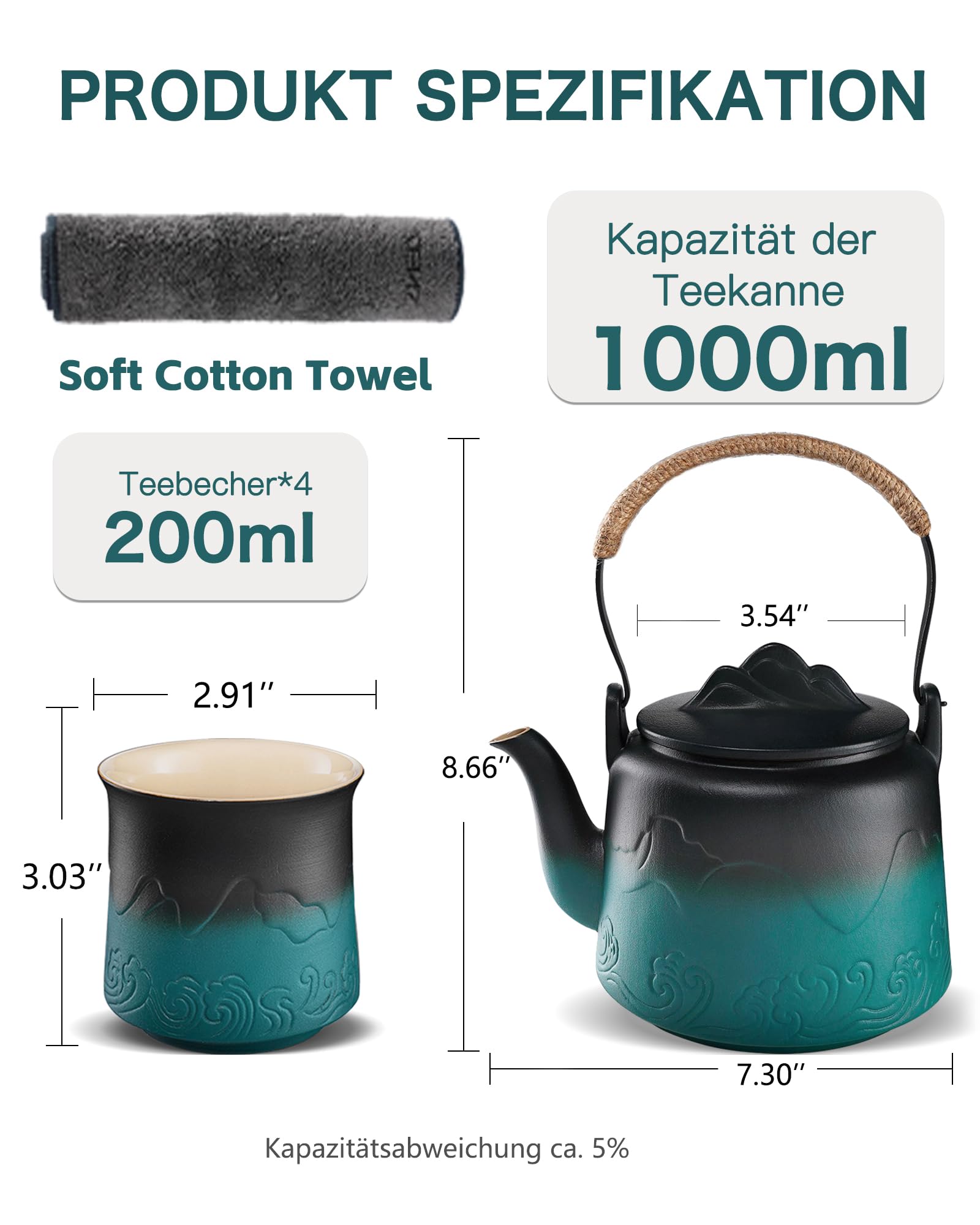 ZENS Design Japanische Teeservice,1000ml Gradienten Geprägtem Japanische Teekanne mit 4 Tassen Set, Hanfseilgriff Teeset mit Eingebautes Sieb für Weißer Losen Tee Steeper, Schwarz & Grüner