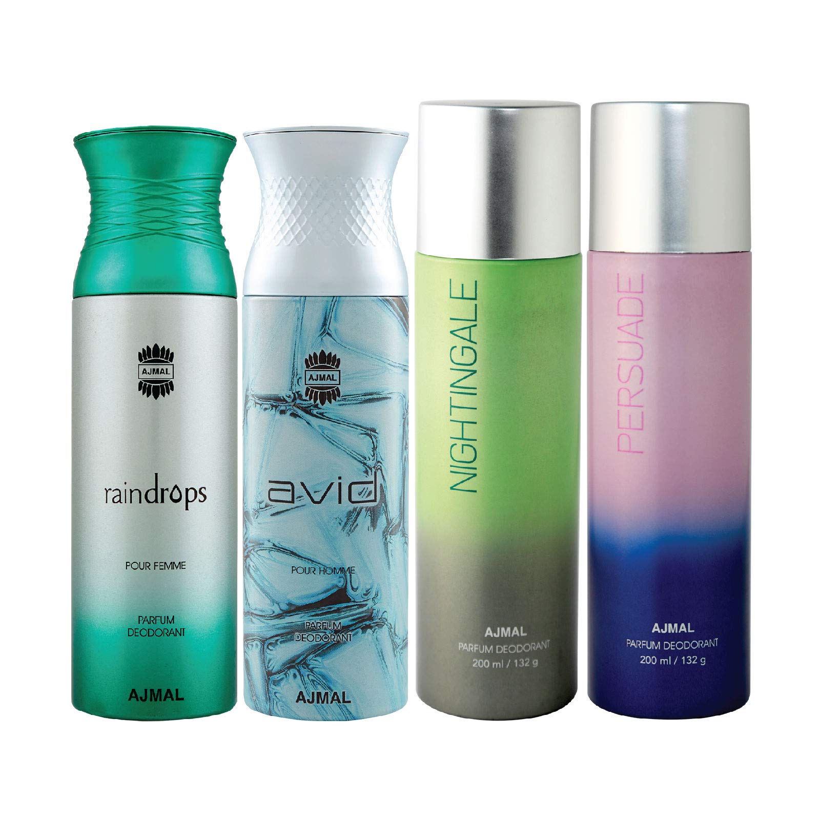 Ajmal 1 Raindrops Femme for Women, 1 Avid Homme for Men, 1 Nightingale and 1 Persuade for Men & Women Deodorants each 200ML Combo pack of 4 (Total 800ML)-image-32