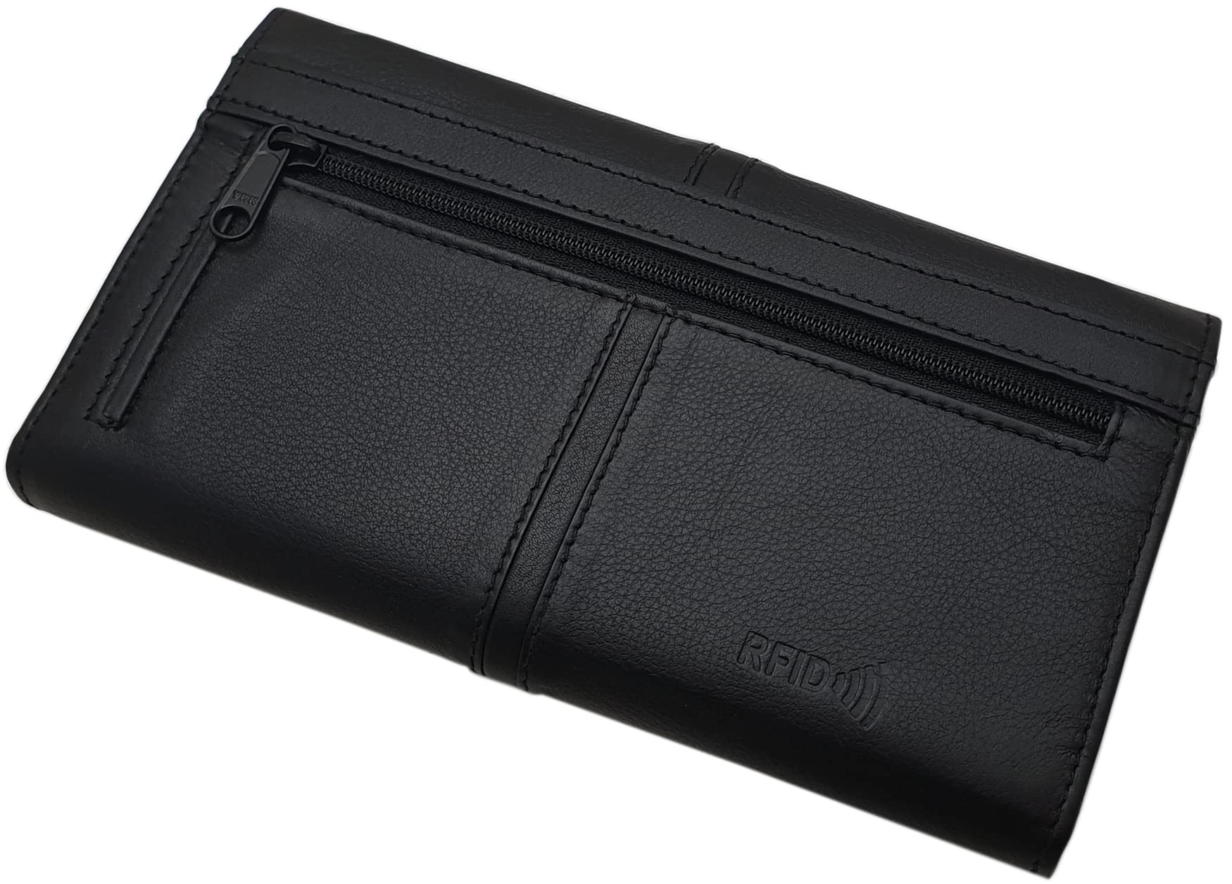 myledershop Grande portafoglio pelle di vitello per donna con protezione RFID e NFC (Nero)