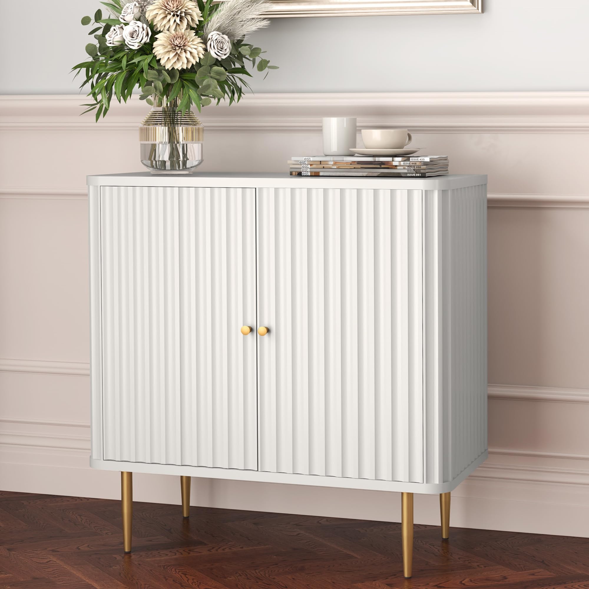 HLR Sideboard Buffet Cabinet with Fluted Texture, White Accent Cabinet with 2 Doors, Modern Credenza Storage for Kitchen Living Room, Entryway (White,