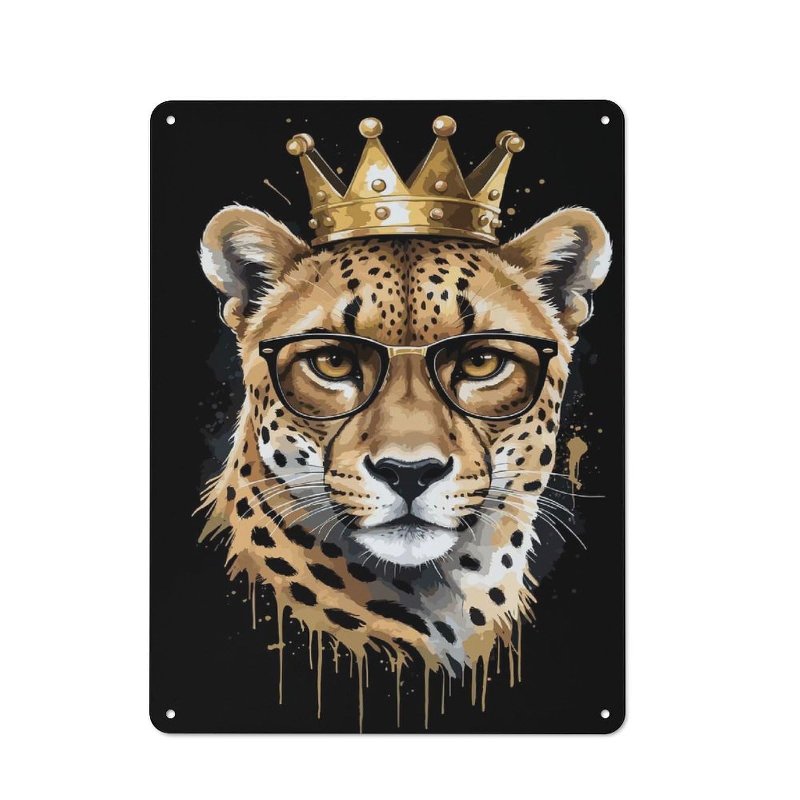 Junmoney Style-7 Tin Sign 40X30cm With Cheetah With Crown And Glasses For Hallway Wall, Rustic Decor, For Vintage Wall Decor Fans, For Garage And Workshop Walls