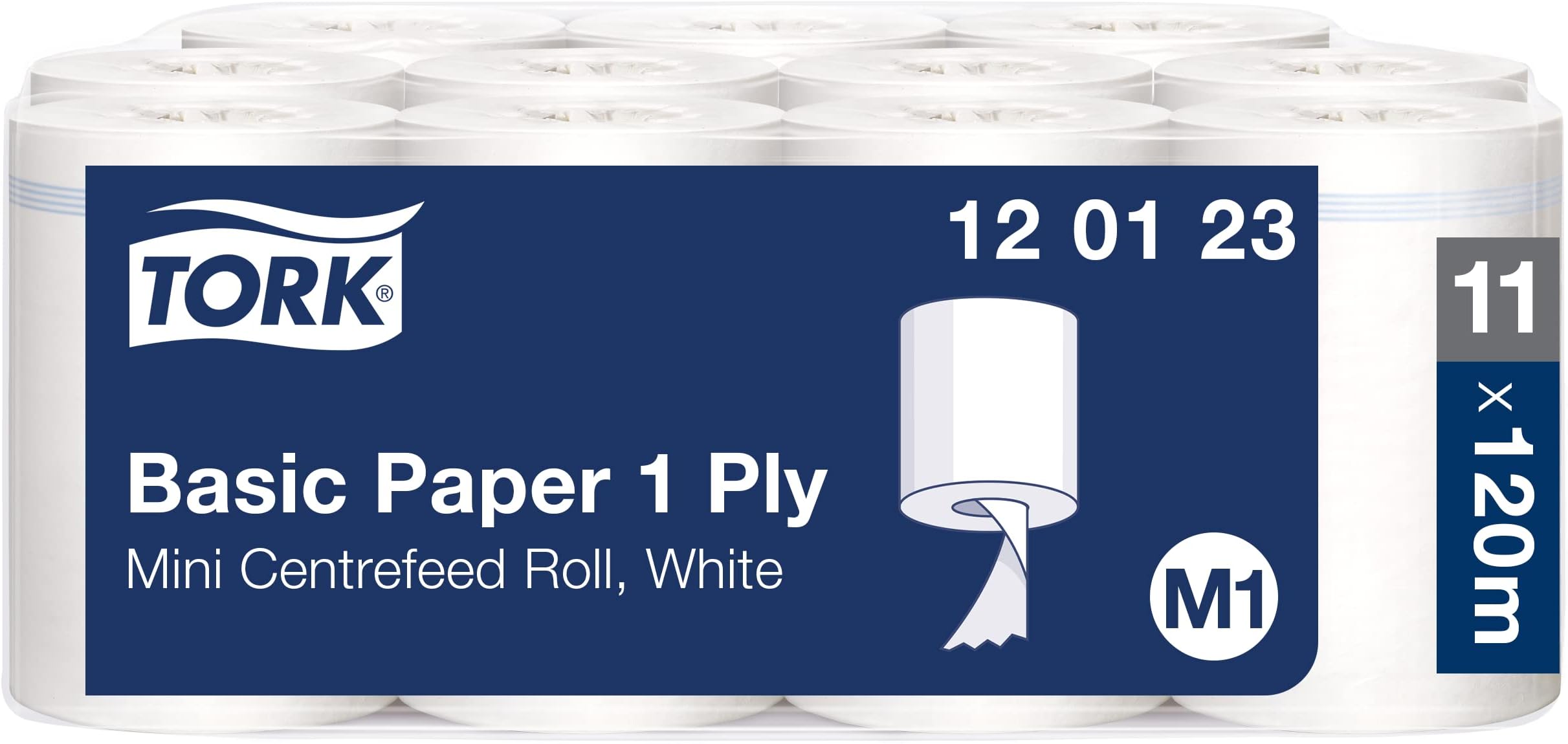Basic Universal Strong Absorbent Paper Roll Compatible with Tork M1 Mini Centrefeed System, 11 x 120 m (1 x 11 Rolls)