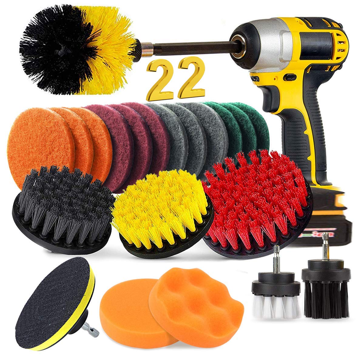 Drill Brushes for Cleaning 22 Piece, Scrub Extend Long Attachment, Power Scrubber Drill Brush Set Clean Automobile, Bathroom, Shower & Kitchen Sinks, Wheels