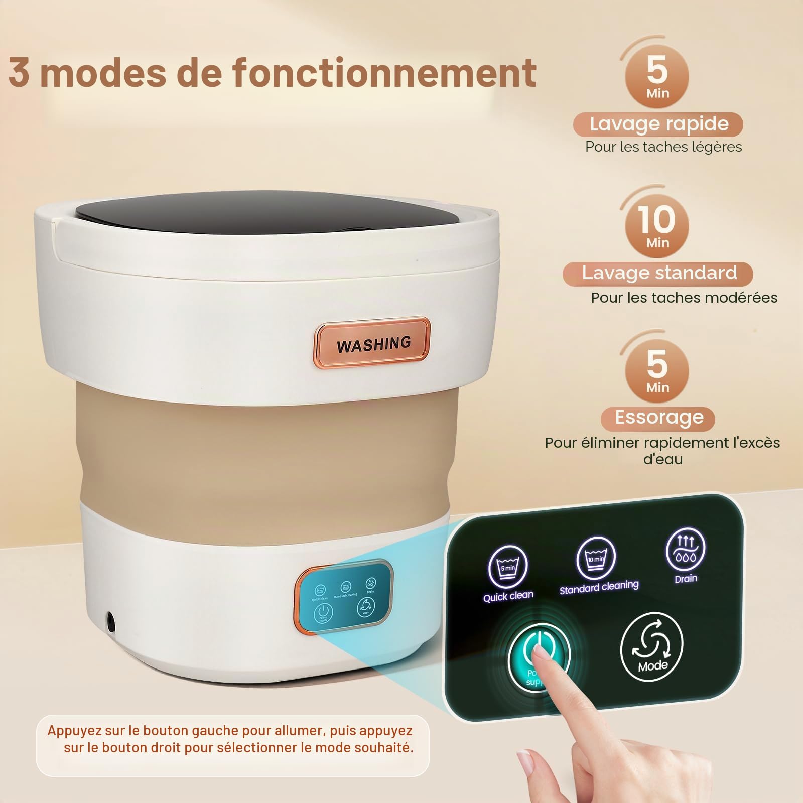Machine à laver compacte pliable 15 l avec 3 modes de nettoyage et fonction d'essorage, économie d'eau et d'énergie, idéale pour appartements, vêtements de bébé, intérieur et animaux domestiques
