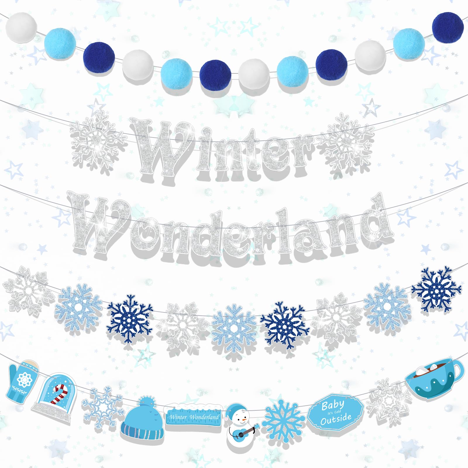 Preboun 5 Pcs Winter Wonderland Banner Glittery Snowflake Banner Birthday Banner Christmas Holiday Garland Snowman Snow Winter Party Decoration