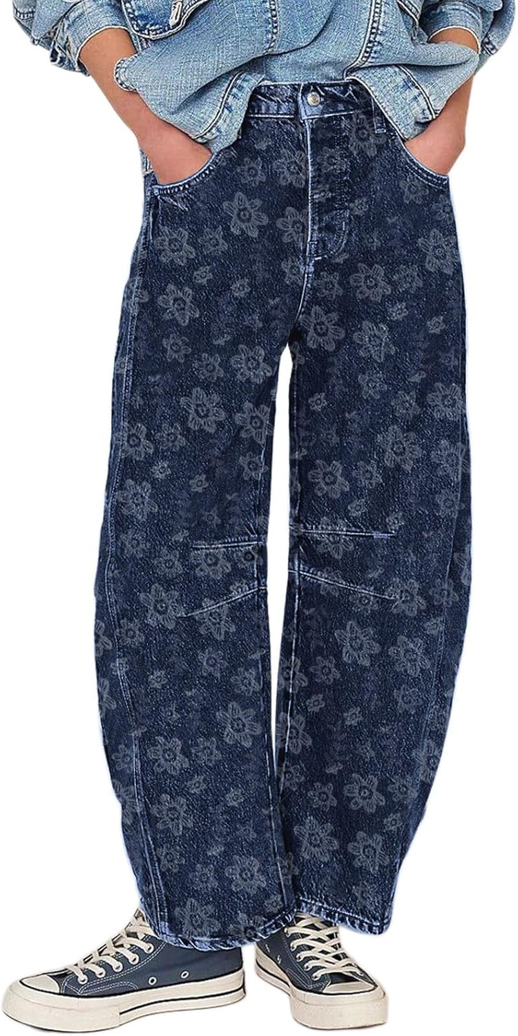 loveimgs Women Baggy Barrel Jeans Floral Printed Mid Rise Wide Leg Jeans Sweatpants Boyfriend Elastic Waist Denim Pants Y2k