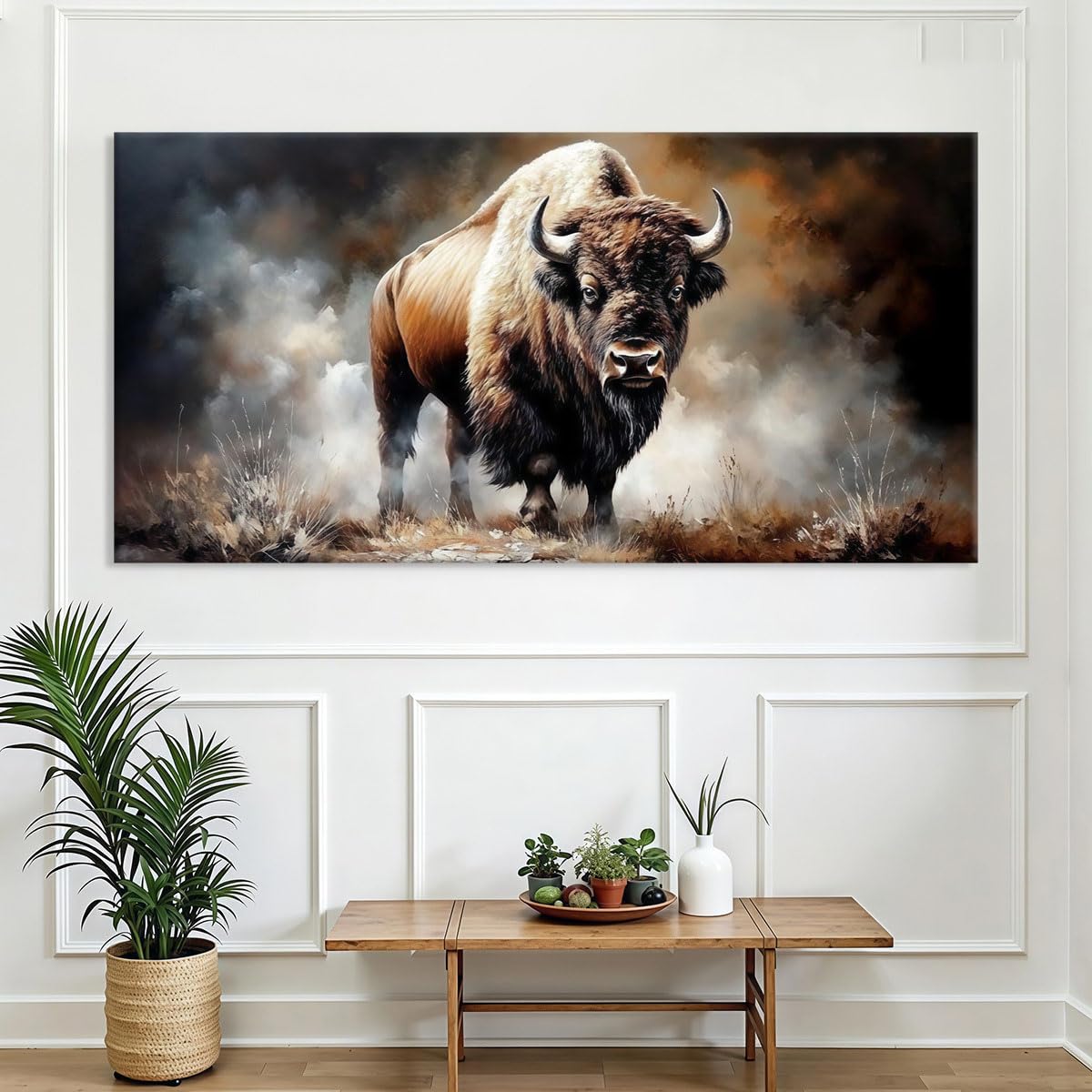 Obraz ścienny z motywem dzikiego żubra w zakurzonym polu do salonu, sypialni lub biura (20 x 40 cm/z ramą)