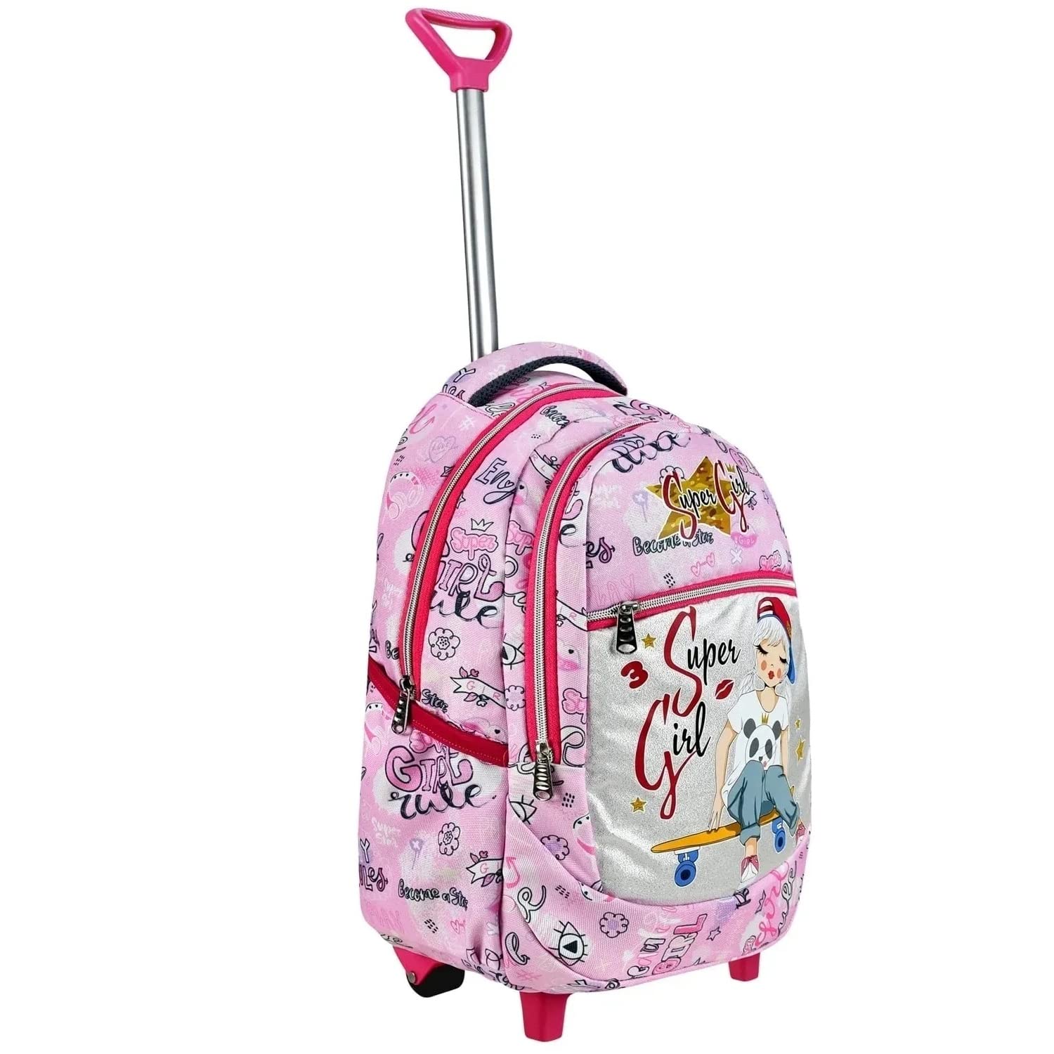 TahTicMer Çekçekli ilkokul Ortaokul Kız Çocuk Okul Çantası Sırt çantası Beslenme çantalı 2li Set Süper Girl Pembe Çanta Pembe Gri