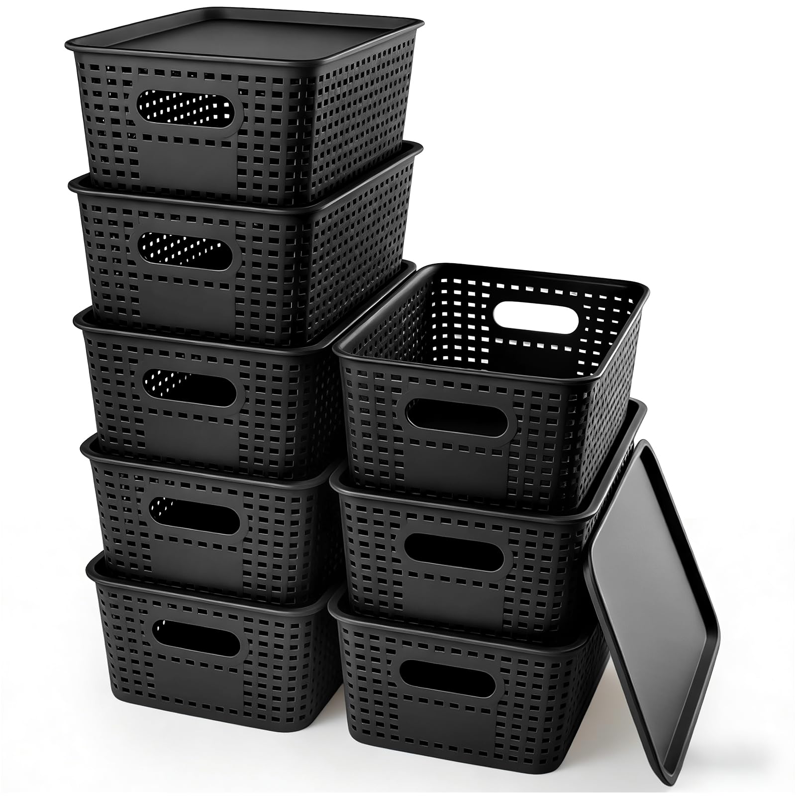 8 Pack Plastic Storage Basket with Lids, Stackable Storage Bins Containers, Decorative Storage Boxes Bulk for Organizing Shelves, Bathroom, Classroom, Office, Closet, 26 x 18.5 x 10.5 cm (Black)
