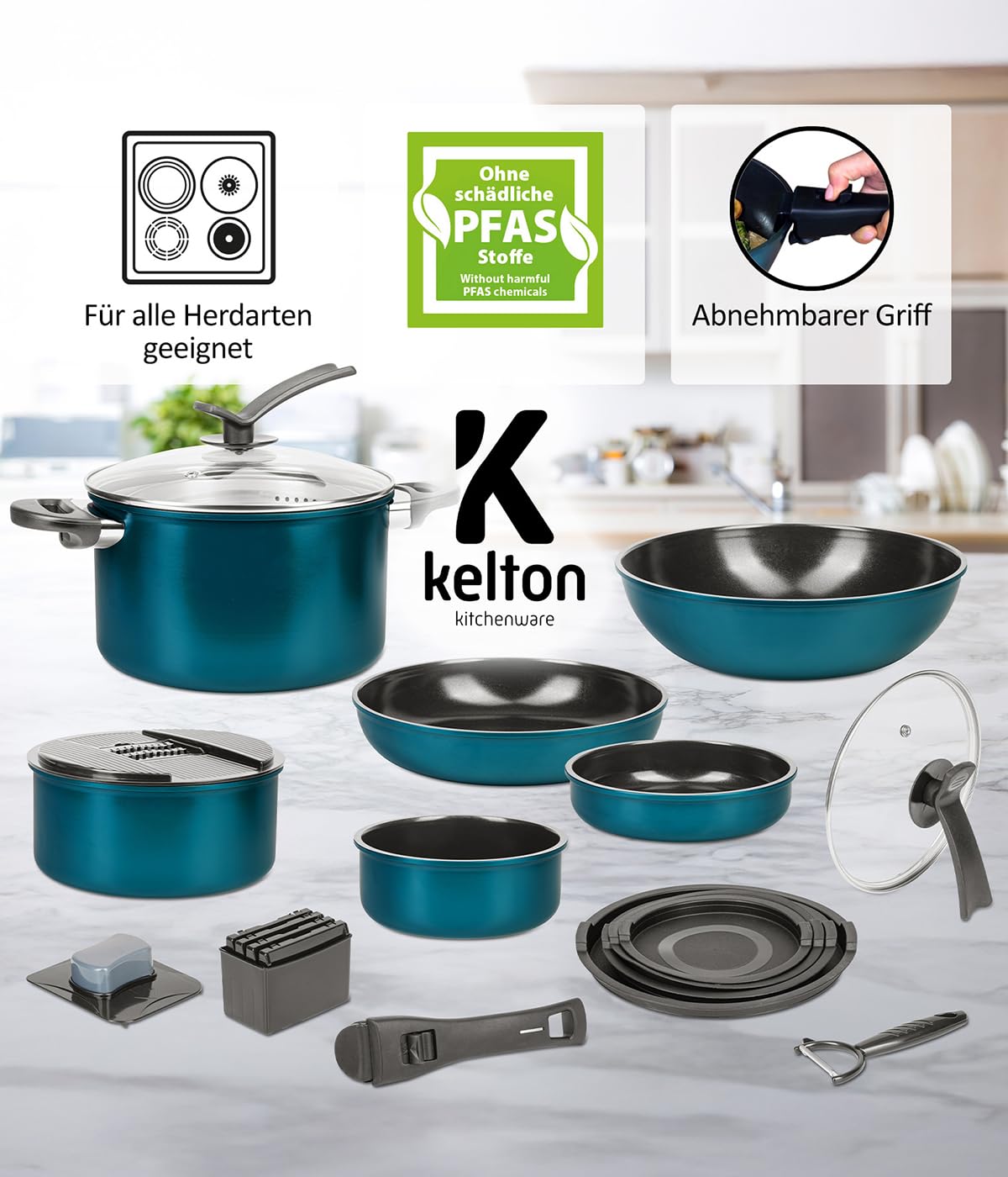Kelton Pfannenset Töpfe Set 3 in 1 mit Deckel und Gemüseschneider 27 tlg., Kochgeschirr mit Pfannen und Kochtöpfen mit Antihaft Beschschichtung, PFOA & PTFE-frei, abnehmbarer Griff