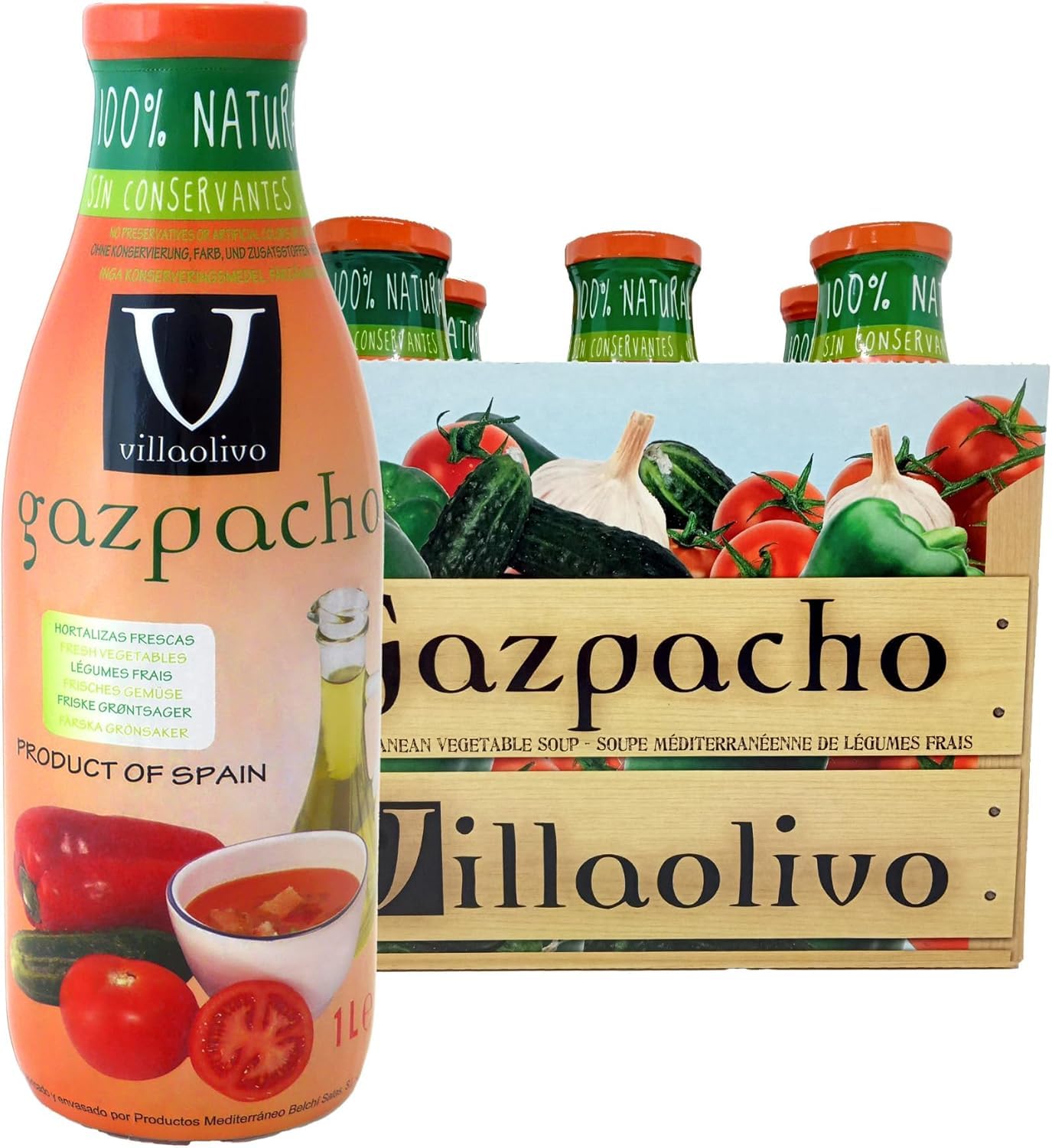 Villaolivo - Gaspacho 1L | Lot de 6 bouteilles en verre | Recette traditionnelle, 100% naturelle et sans conservateurs
