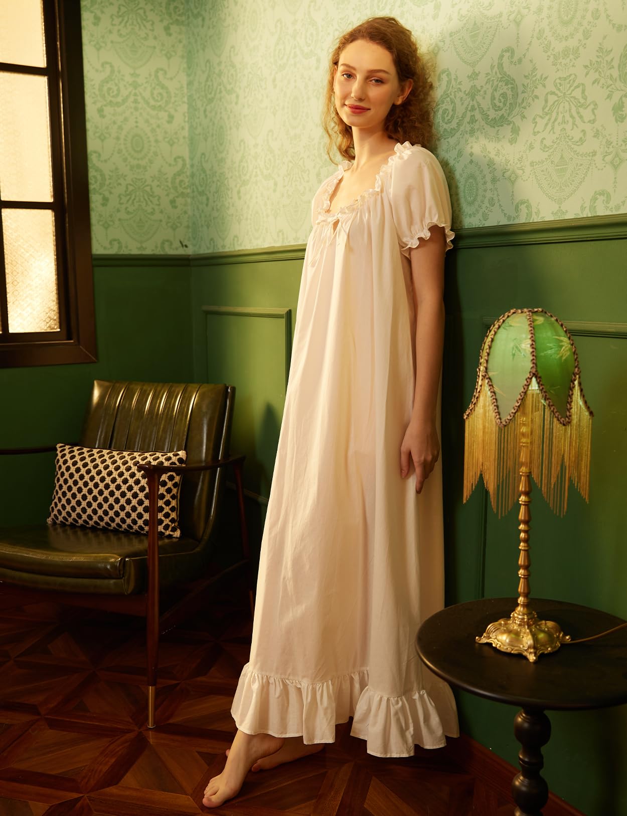 BEAUTELICATE Nachthemd Damen Baumwolle Kurzarm Viktorianisch Lang Nachtkleid Vintage Sommer Nachtwäsche Schlafanzug Elfenbein