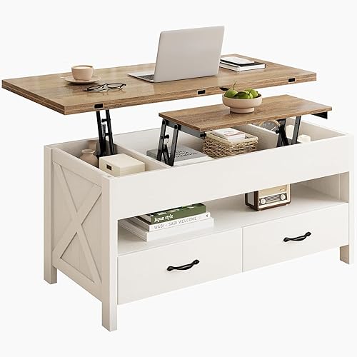 Vista 3 de Marsail Mesa de Centro Elevable de 40", Mesa de Centro 4 en 1 con Compartimento Oculto, 1 Estante Abierto y 2 Cajones, Mesa Central Multifuncional